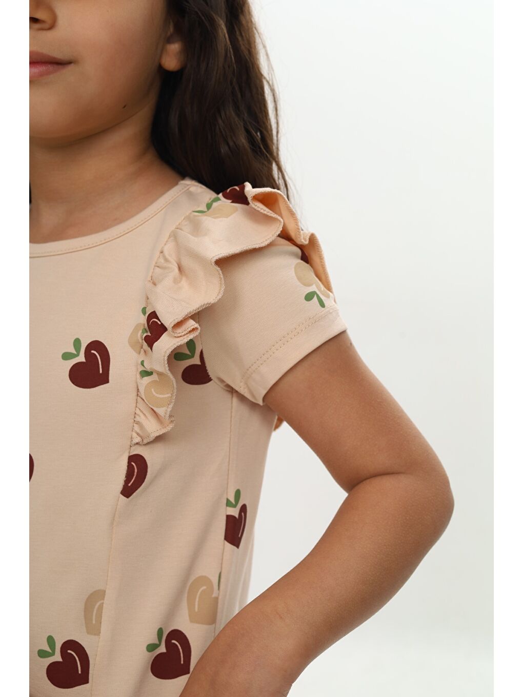 Bej Kız Çocuk Fiyonklu Kalp Baskılı Elbise-3