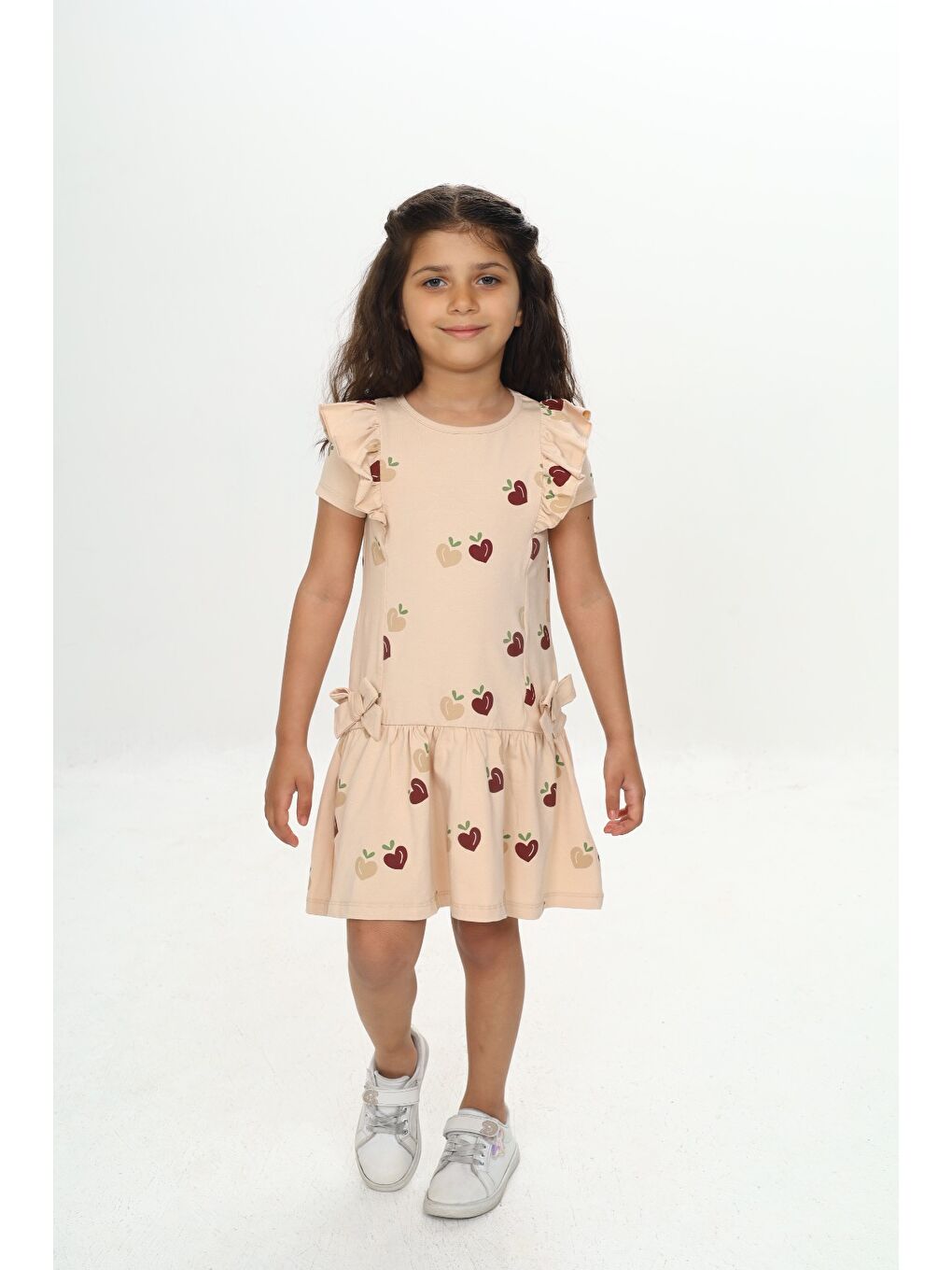 Bej Kız Çocuk Fiyonklu Kalp Baskılı Elbise-5