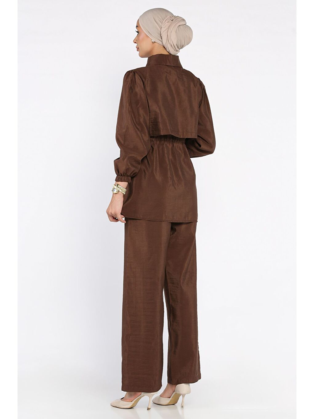 Kahverengi Kadın Gold Düğmeli Bel Bağlama Detaylı Tunik Pantolon Tesettür İkili Takım (s-m-l Beden Uyumludur.)-5