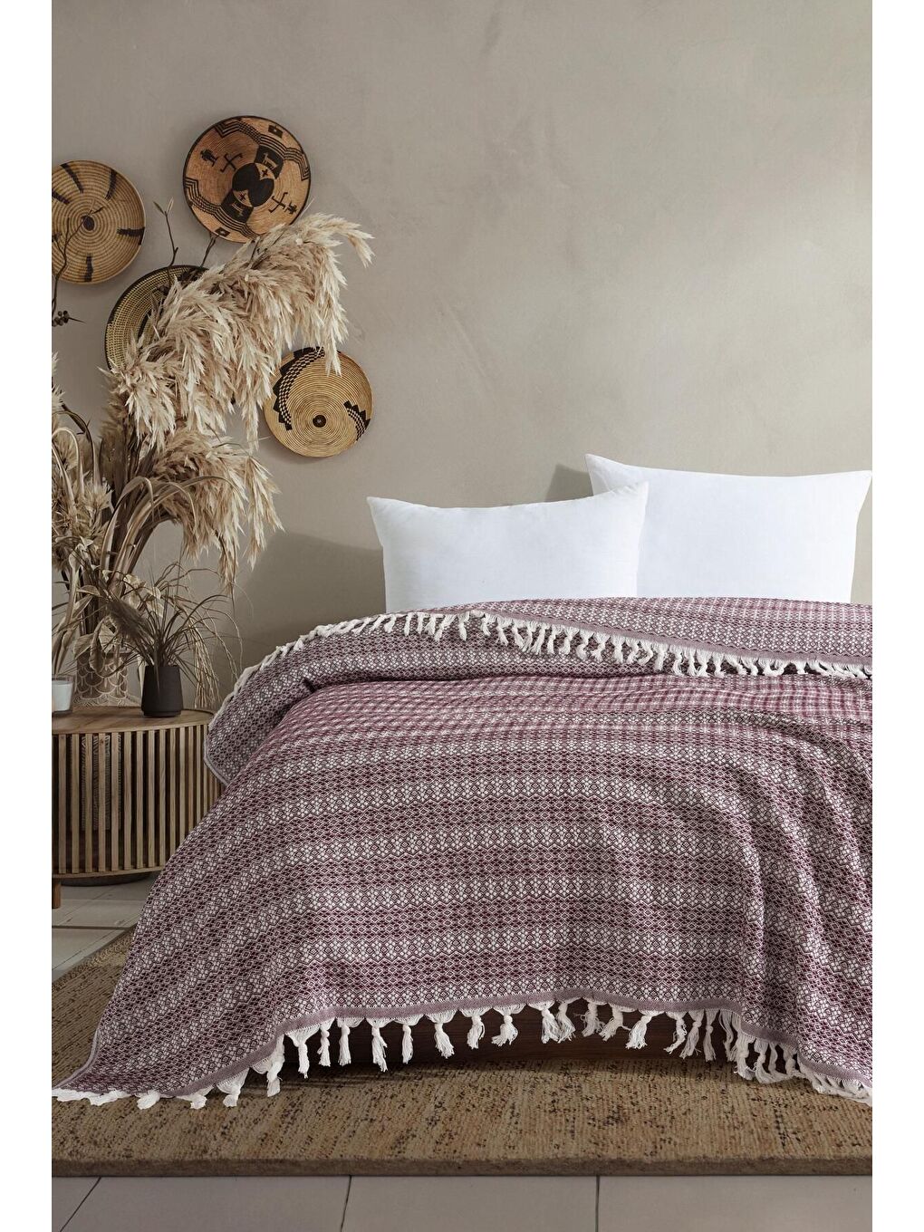 Diamond Serisi Naturel Peştemal Pike Yatak Örtüsü %100 Pamuk Bordo