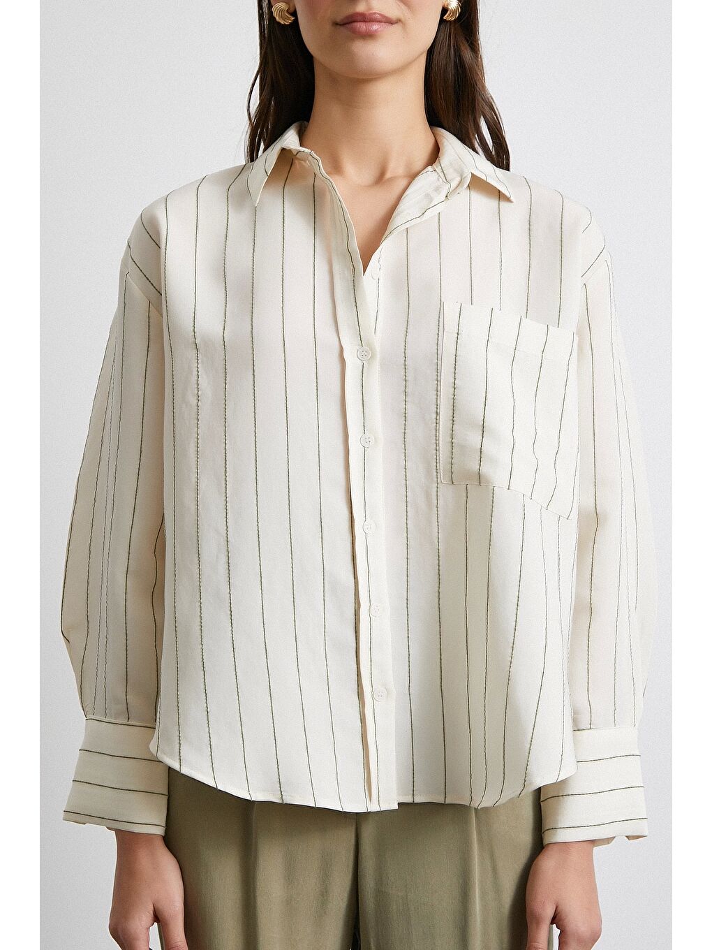 Kontrast Çizgili Modal Gömlek Haki-1