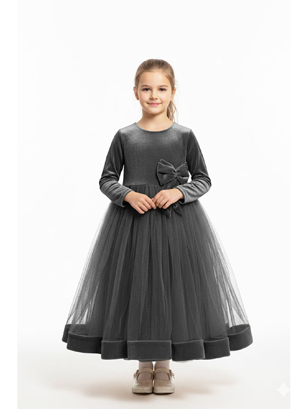 Siyah Kız Çocuk Kadife Elbise-Tül Detaylı-Fiyonk Süslemeli 7-12 Yaş 12441