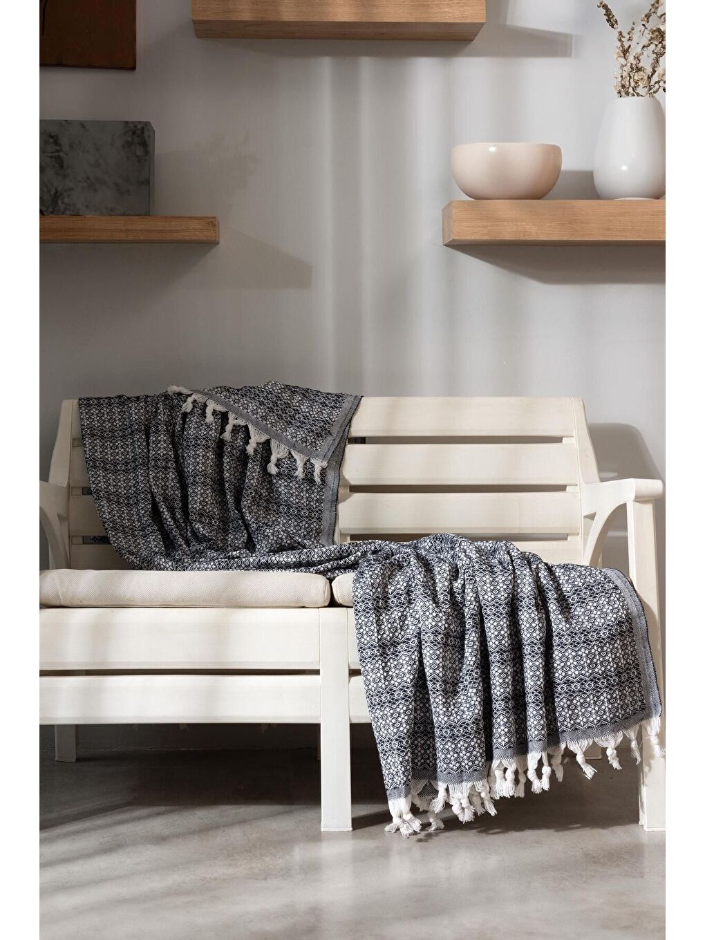 Diamond Serisi Naturel Peştemal Pike Yatak Örtüsü %100 Pamuk Siyah-1