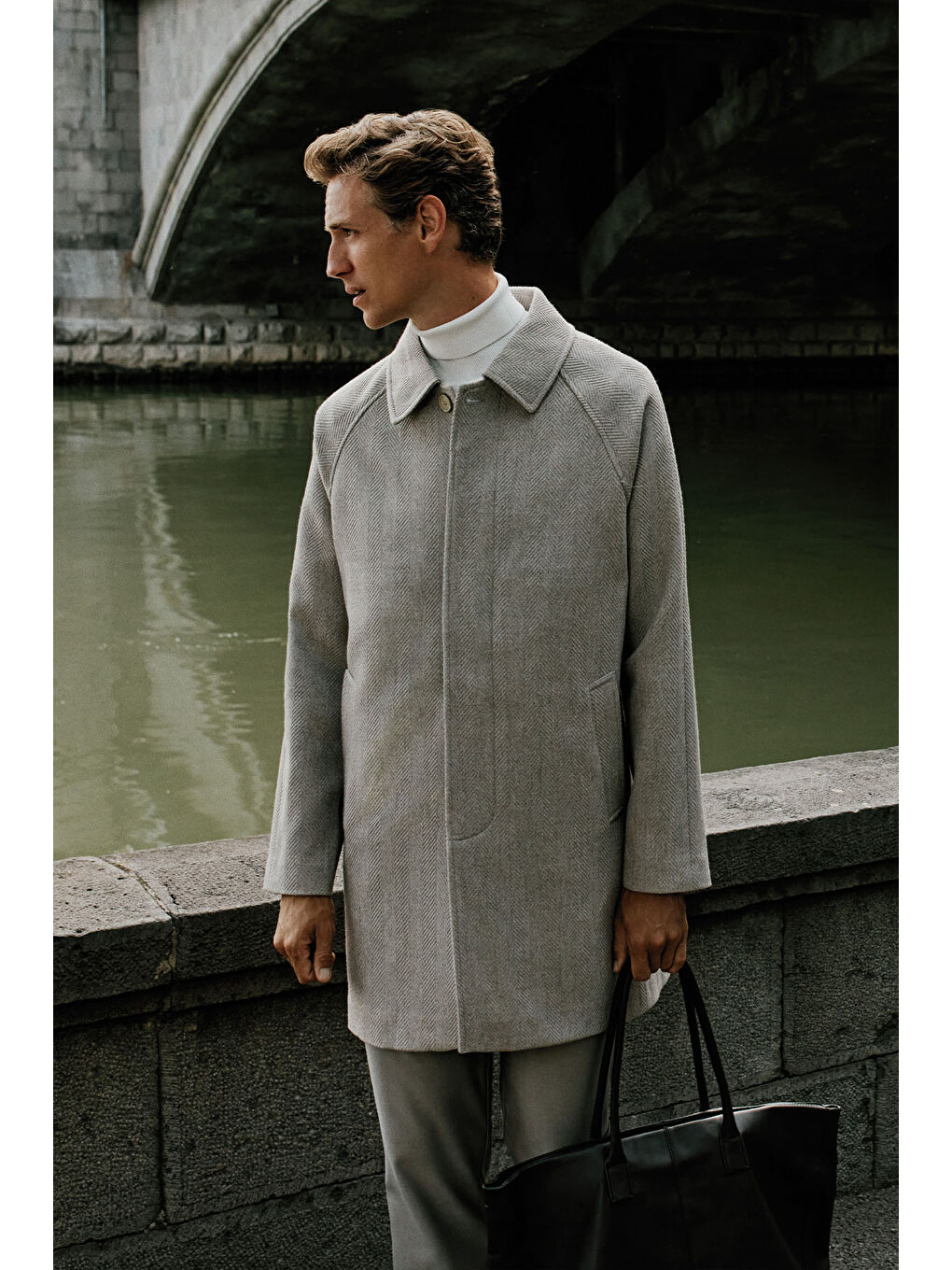 Erkek Bej Standart Fit Normal Kesim Gömlek Yaka Yan Cep Yünlü Palto-1