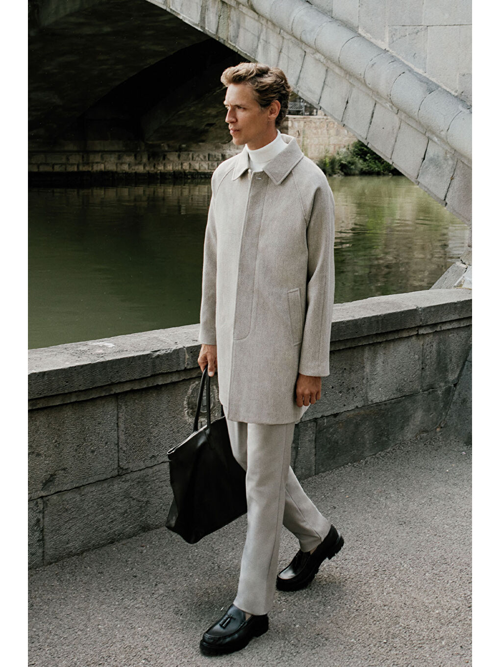 Erkek Bej Standart Fit Normal Kesim Gömlek Yaka Yan Cep Yünlü Palto-2