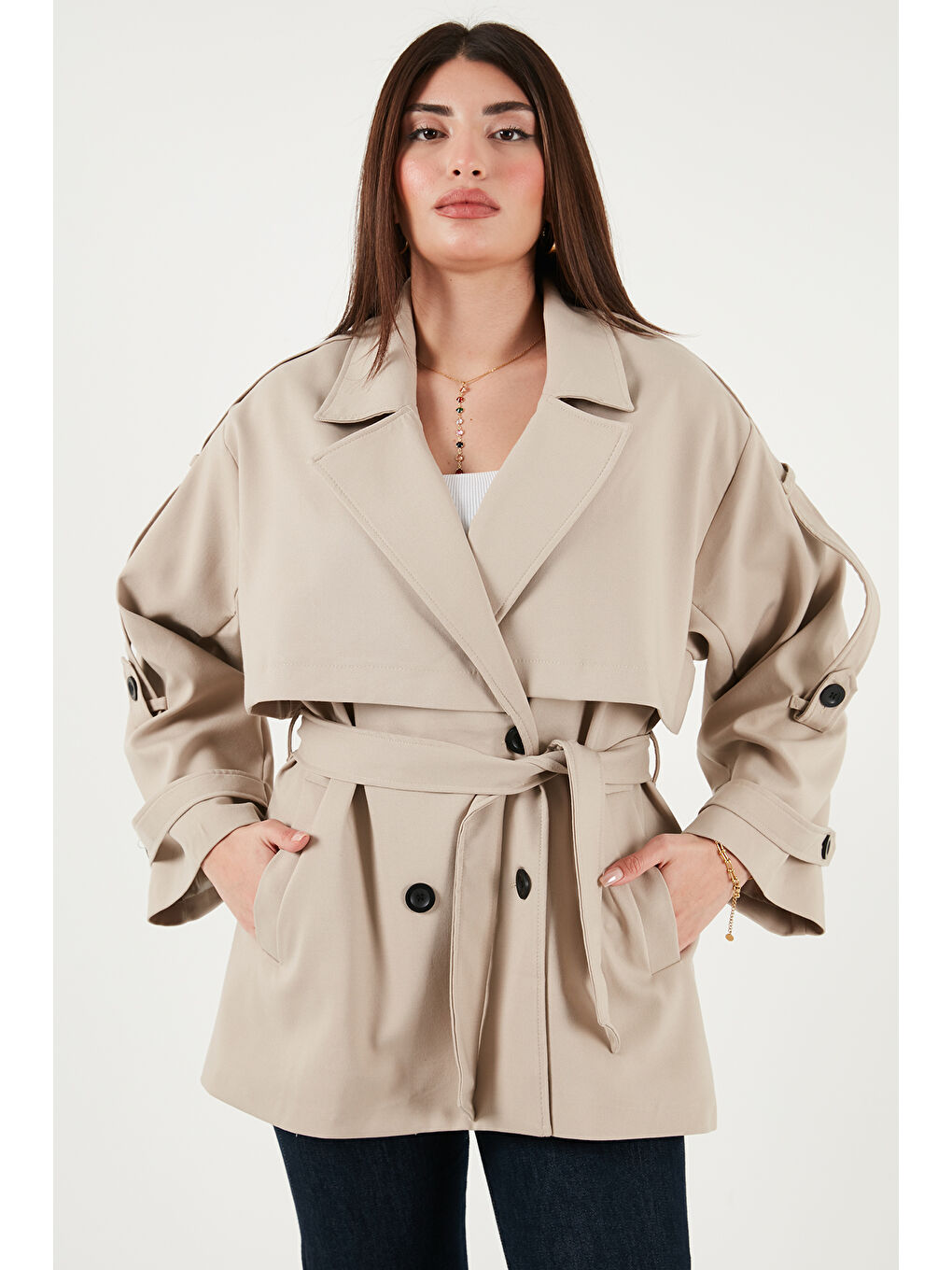 Bej Relaxed Fit Kruvaze Yaka Düğmeli Astarlı Trençkot 6839580-1