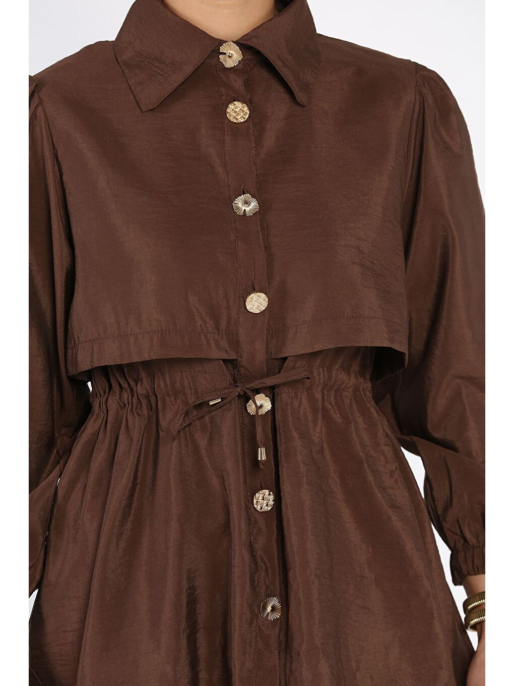 Kahverengi Kadın Gold Düğmeli Bel Bağlama Detaylı Tunik Pantolon Tesettür İkili Takım (s-m-l Beden Uyumludur.)-7