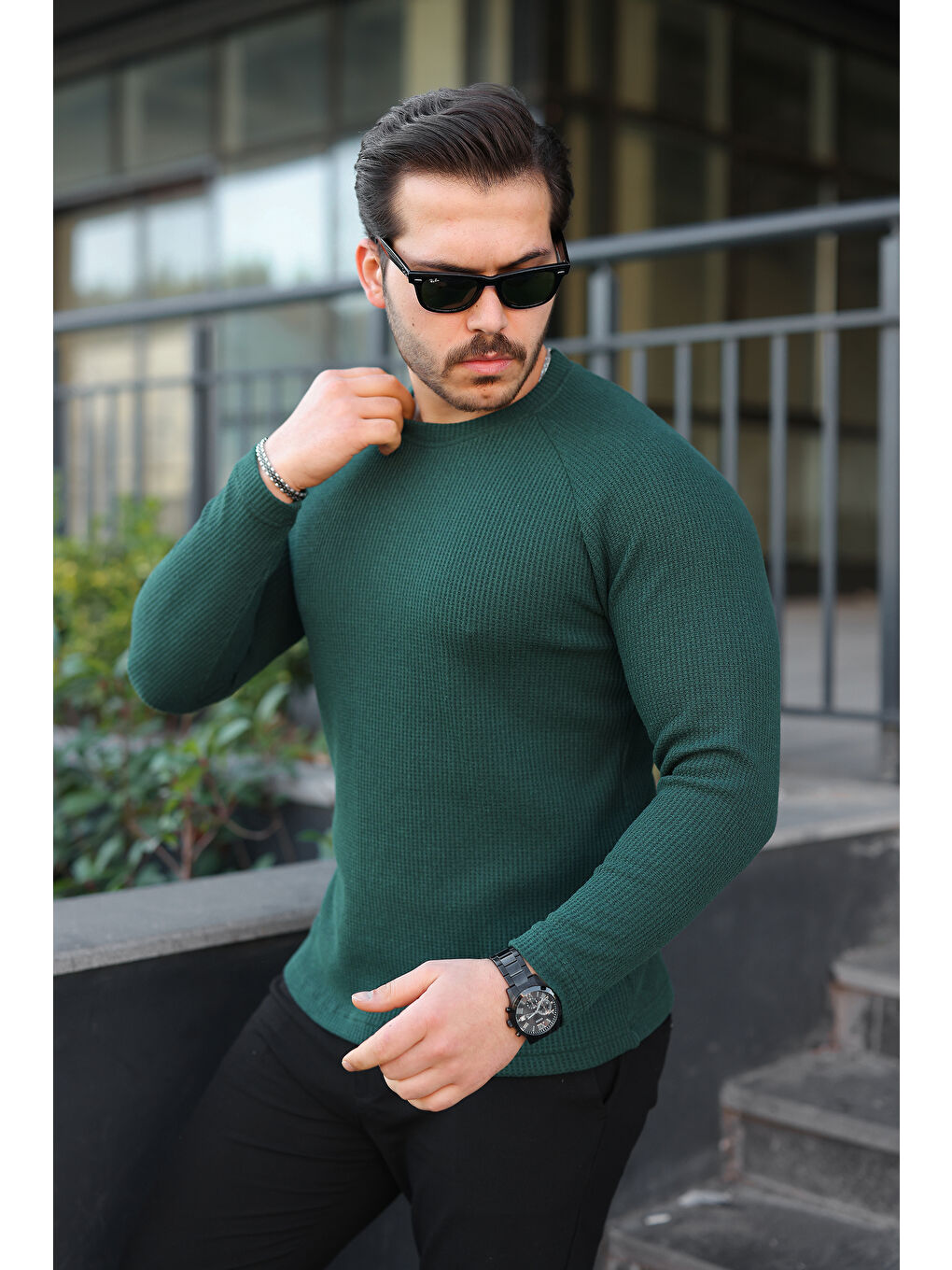 Erkek Trend Basic Slim Fit Bisiklet Yaka Yeşil Kazak-3