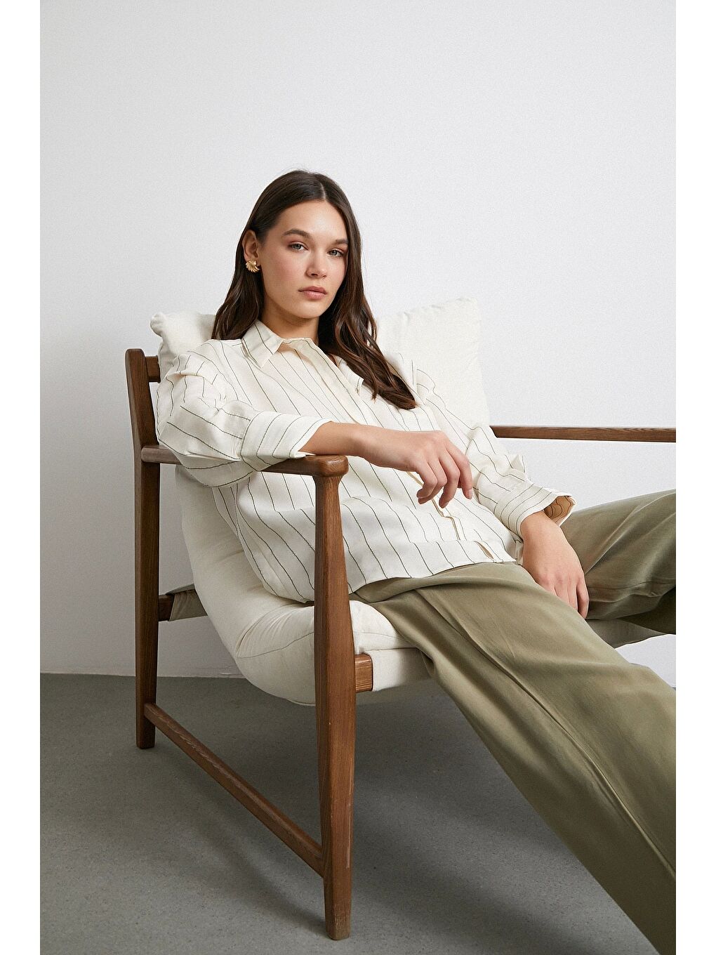 Kontrast Çizgili Modal Gömlek Haki-4