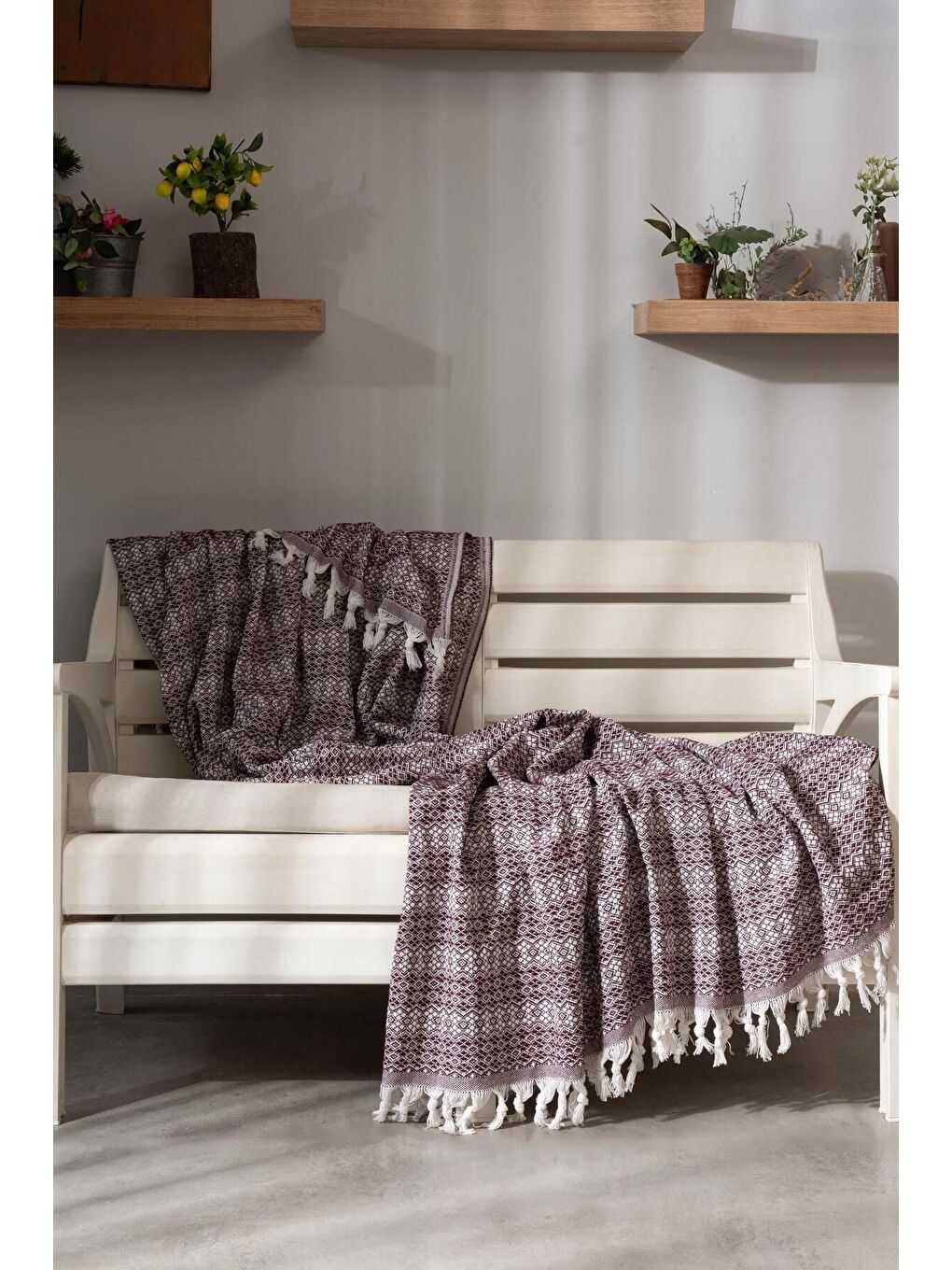 Diamond Serisi Naturel Peştemal Pike Yatak Örtüsü %100 Pamuk Bordo-1