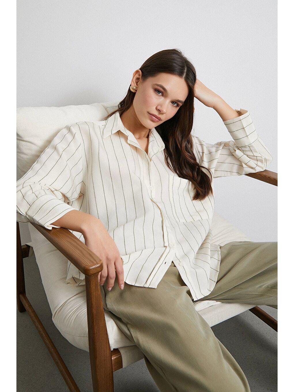 Kontrast Çizgili Modal Gömlek Haki-5