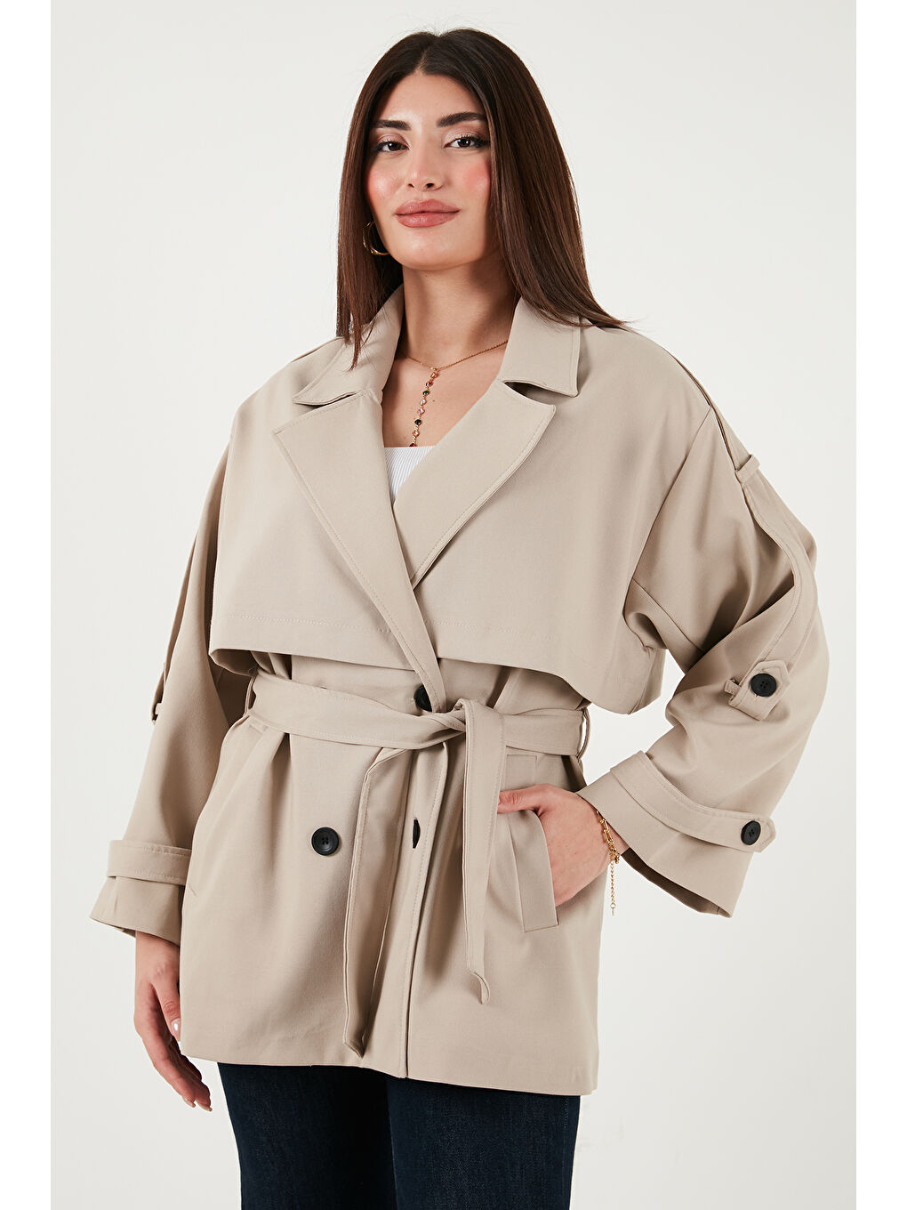 Bej Relaxed Fit Kruvaze Yaka Düğmeli Astarlı Trençkot 6839580-2