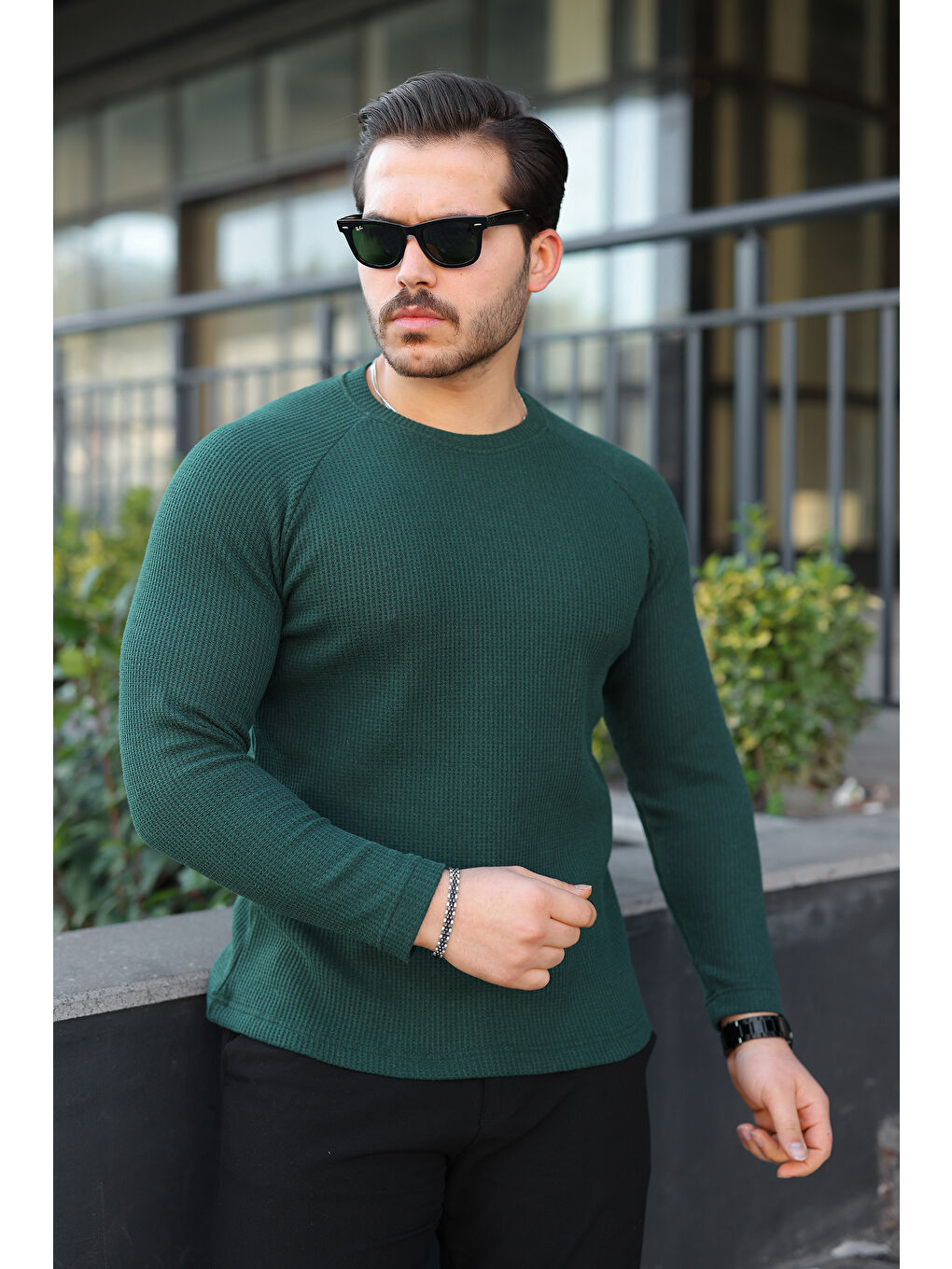 Erkek Trend Basic Slim Fit Bisiklet Yaka Yeşil Kazak-4