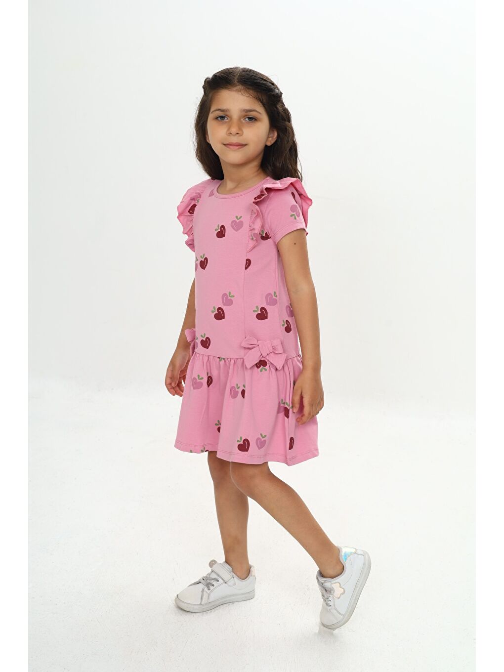 Pembe Kız Çocuk Fiyonklu Kalp Baskılı Elbise-3