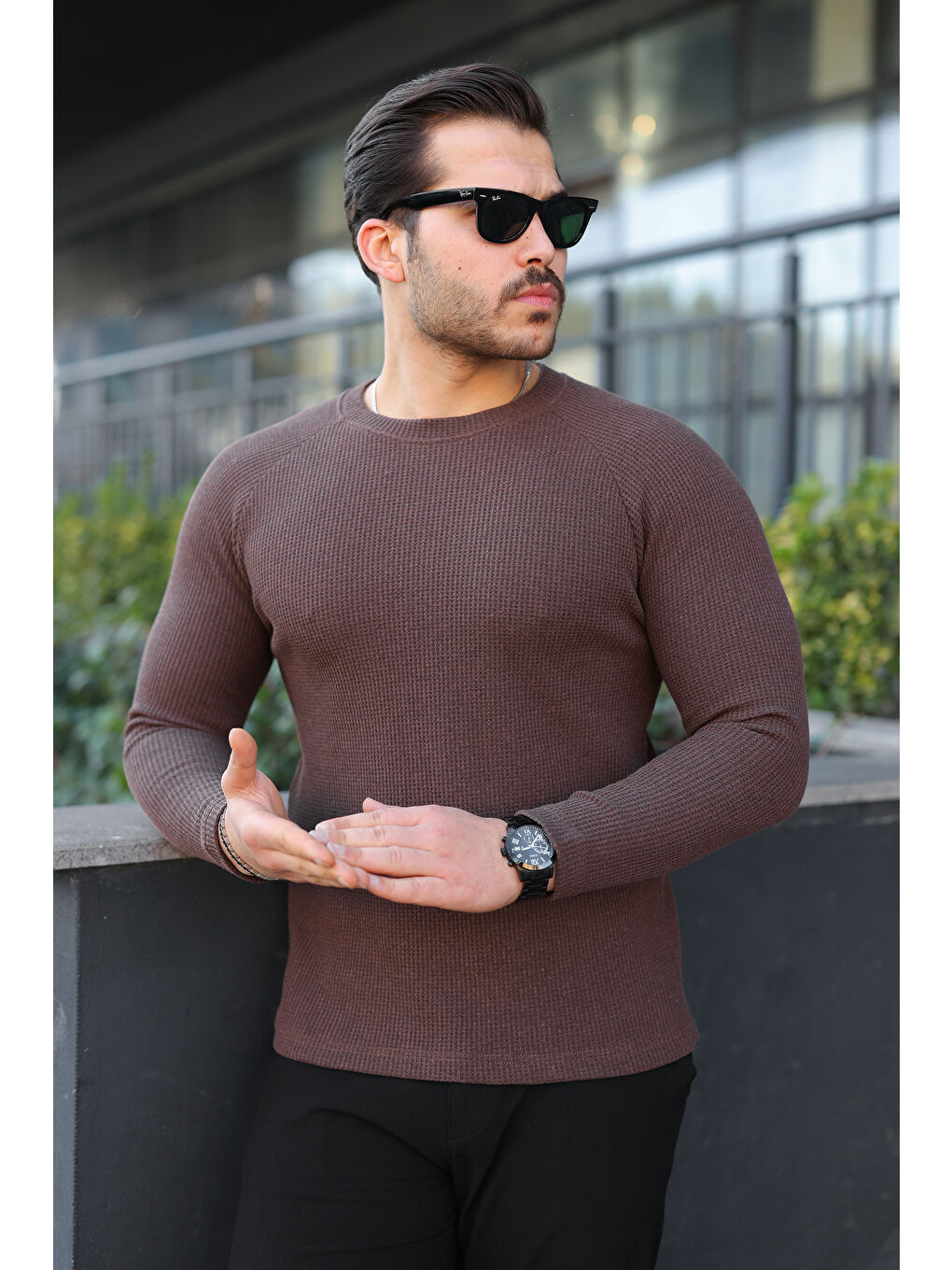 Kahverengi Erkek Trend Basic Slim Fit Bisiklet Yaka Kahve Kazak