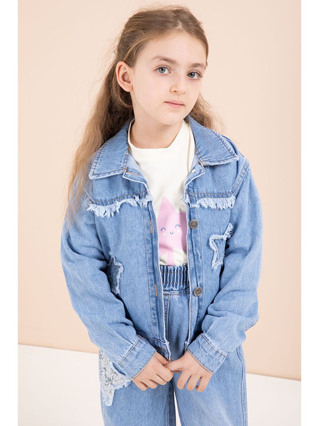 Mavi Yıldız Nakışlı Ceketli Kız Çocuk 3lü Jean Takım 23442-1