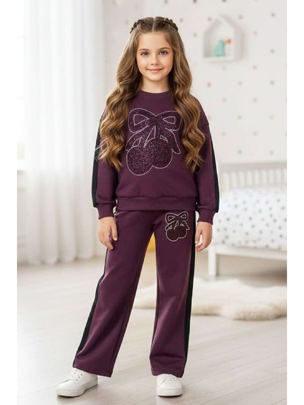 Mürdüm Kız Çocuk Taş İşlemeli Kiraz Ve Fiyonk Desenli-2 İplik-Alt-Üst Takım-5-12 Yaş 12445