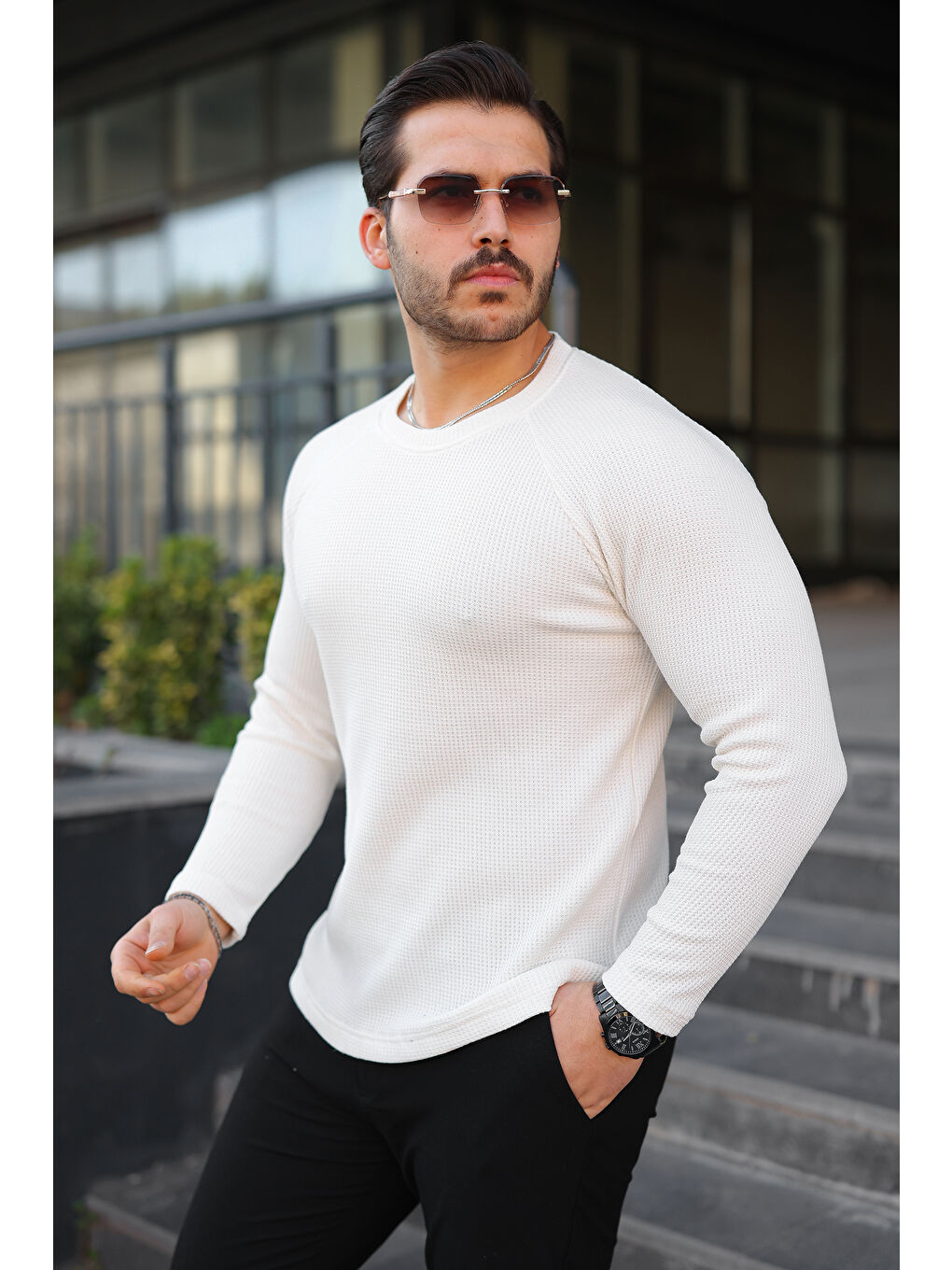 Erkek Trend Basic Slim Fit Bisiklet Yaka Beyaz Kazak-1