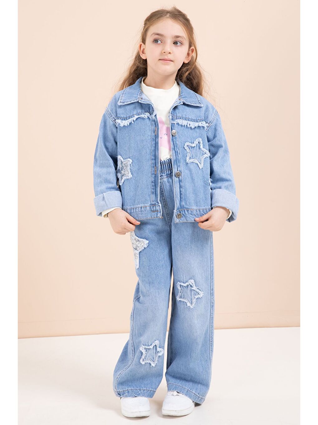 Mavi Yıldız Nakışlı Ceketli Kız Çocuk 3lü Jean Takım 23442-2
