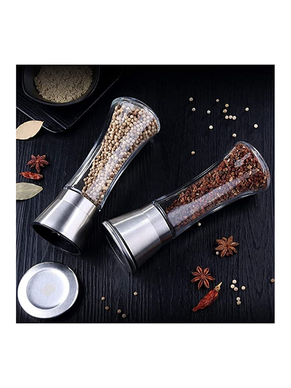 Renksiz Cam Gövdeli Metal Krom Renk Kapaklı Tuz Karabiber Öğütücü 19 cm 2 Adet-2