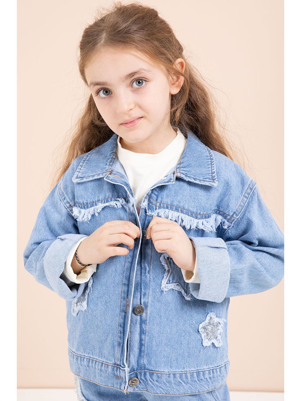 Mavi Yıldız Nakışlı Ceketli Kız Çocuk 3lü Jean Takım 23442-3