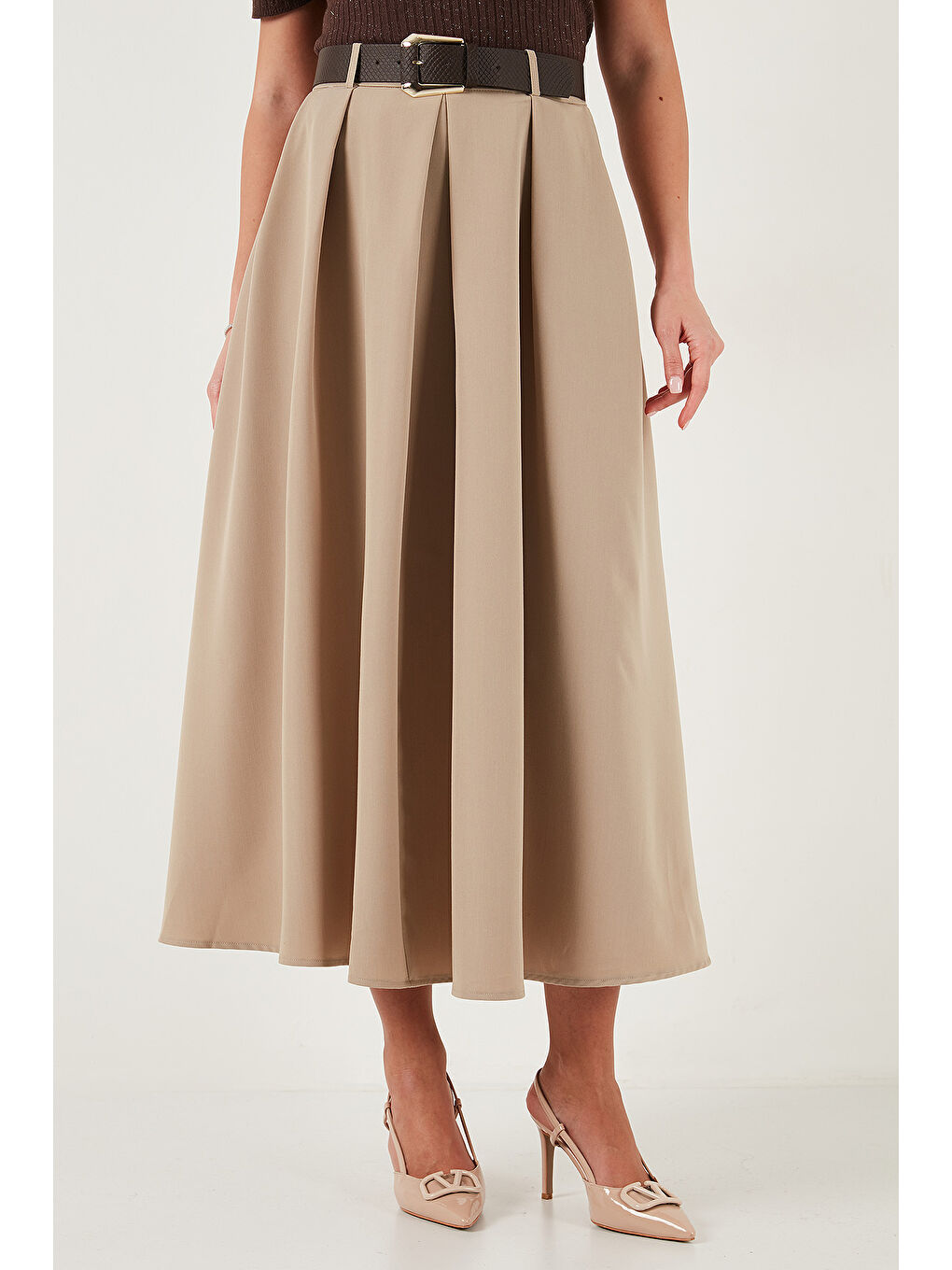 Kahverengi Modest Kemerli Comfort Fit Yüksek Bel Pileli Kloş Uzun Tesettür Etek 6833360-2