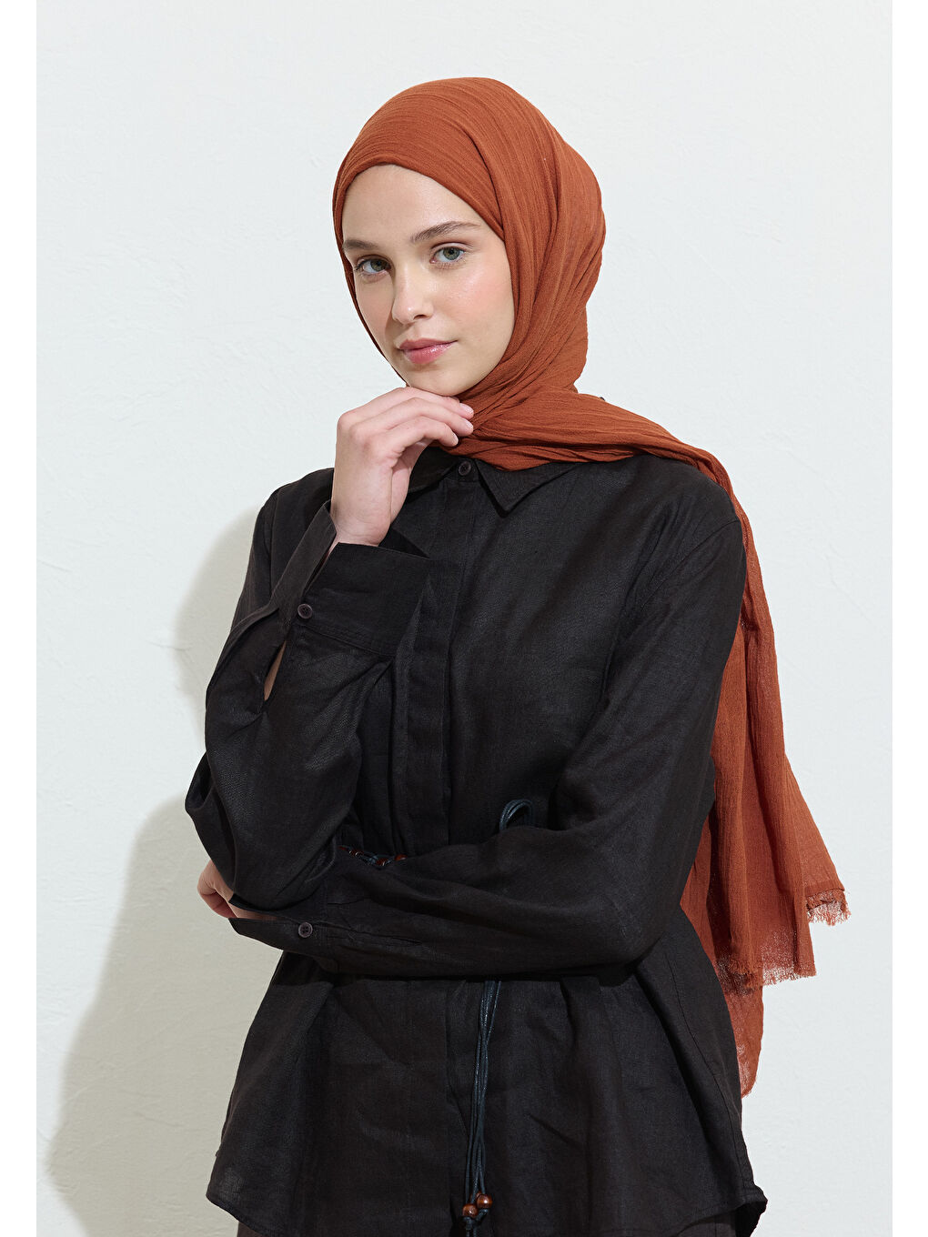 Turuncu Pamuklu Keten Şal French Toast-3