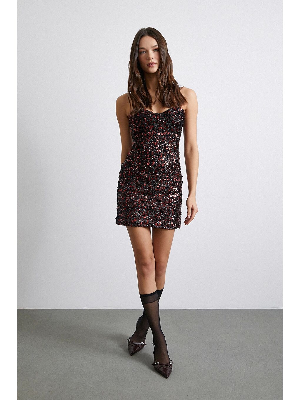 Askılı Pul Elbise Bordo-1