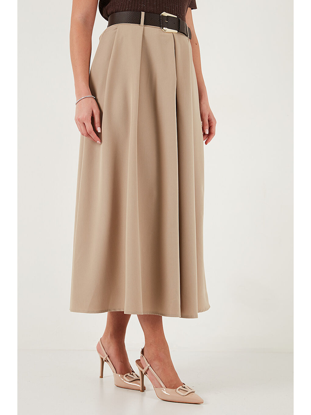 Kahverengi Modest Kemerli Comfort Fit Yüksek Bel Pileli Kloş Uzun Tesettür Etek 6833360-4