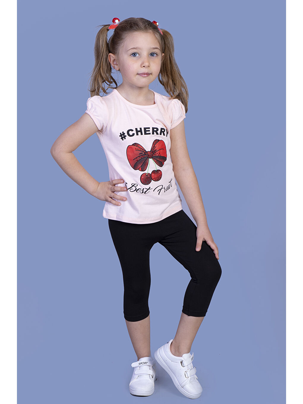 Pembe Kız Çocuk Vişne Baskılı Taytlı Takım-1