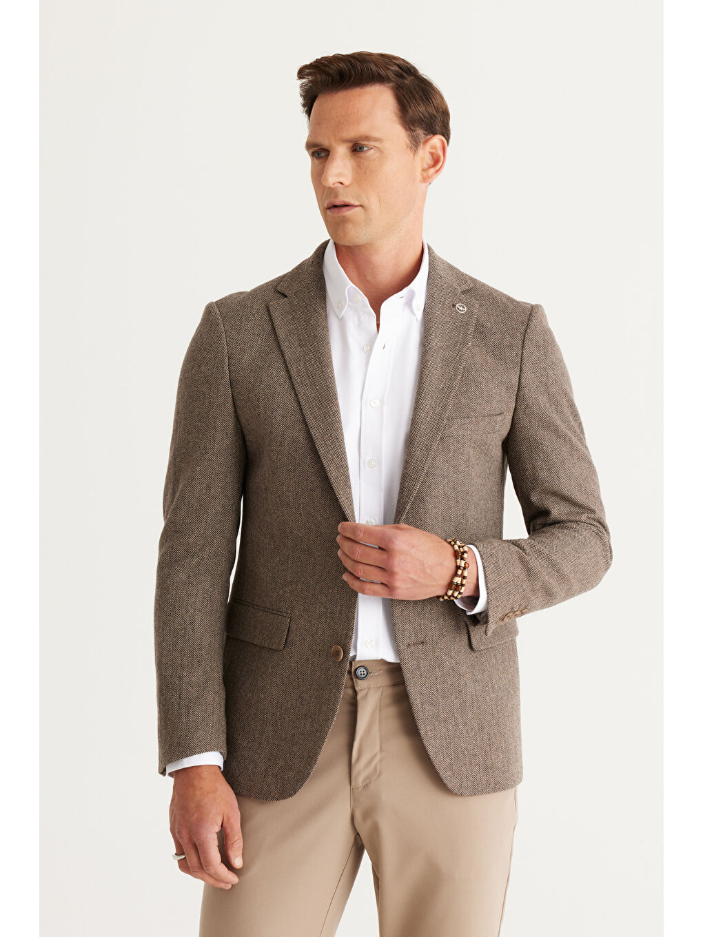 Erkek Kahverengi Slim Fit Dar Kesim Mono Yaka Desenli Yünlü Ceket