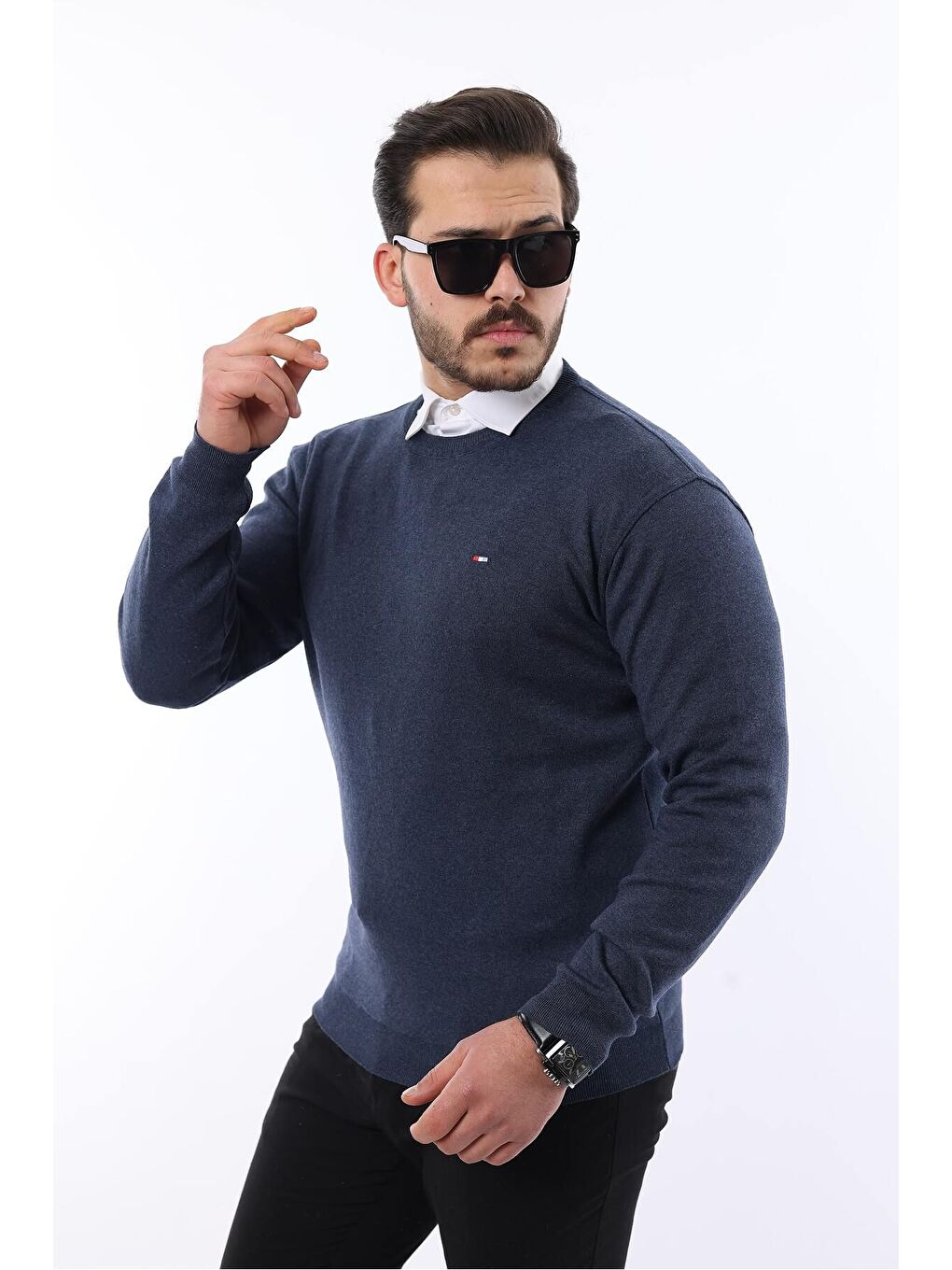 İndigo Sıfır Yaka Triko Kazak