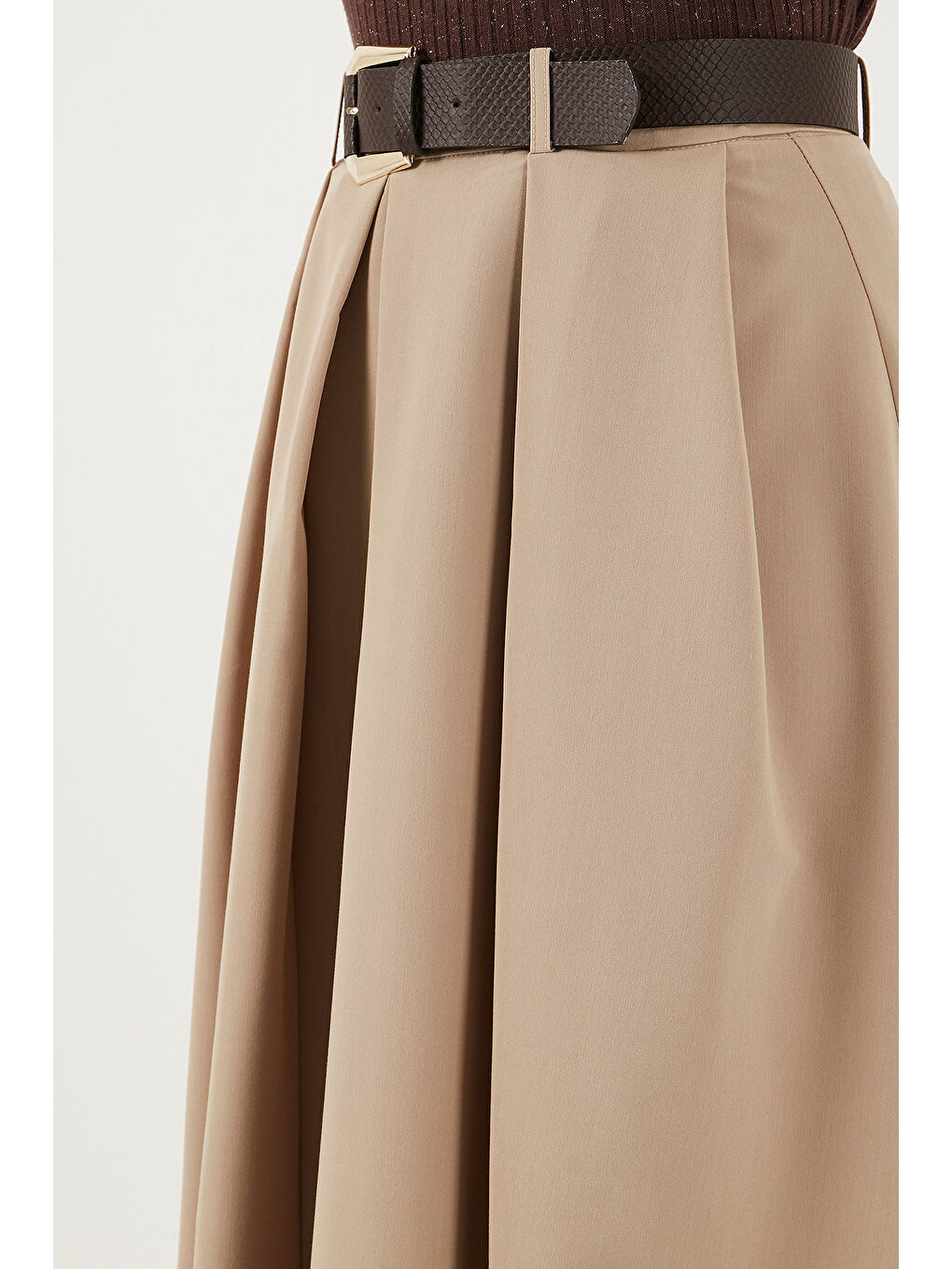 Kahverengi Modest Kemerli Comfort Fit Yüksek Bel Pileli Kloş Uzun Tesettür Etek 6833360-5