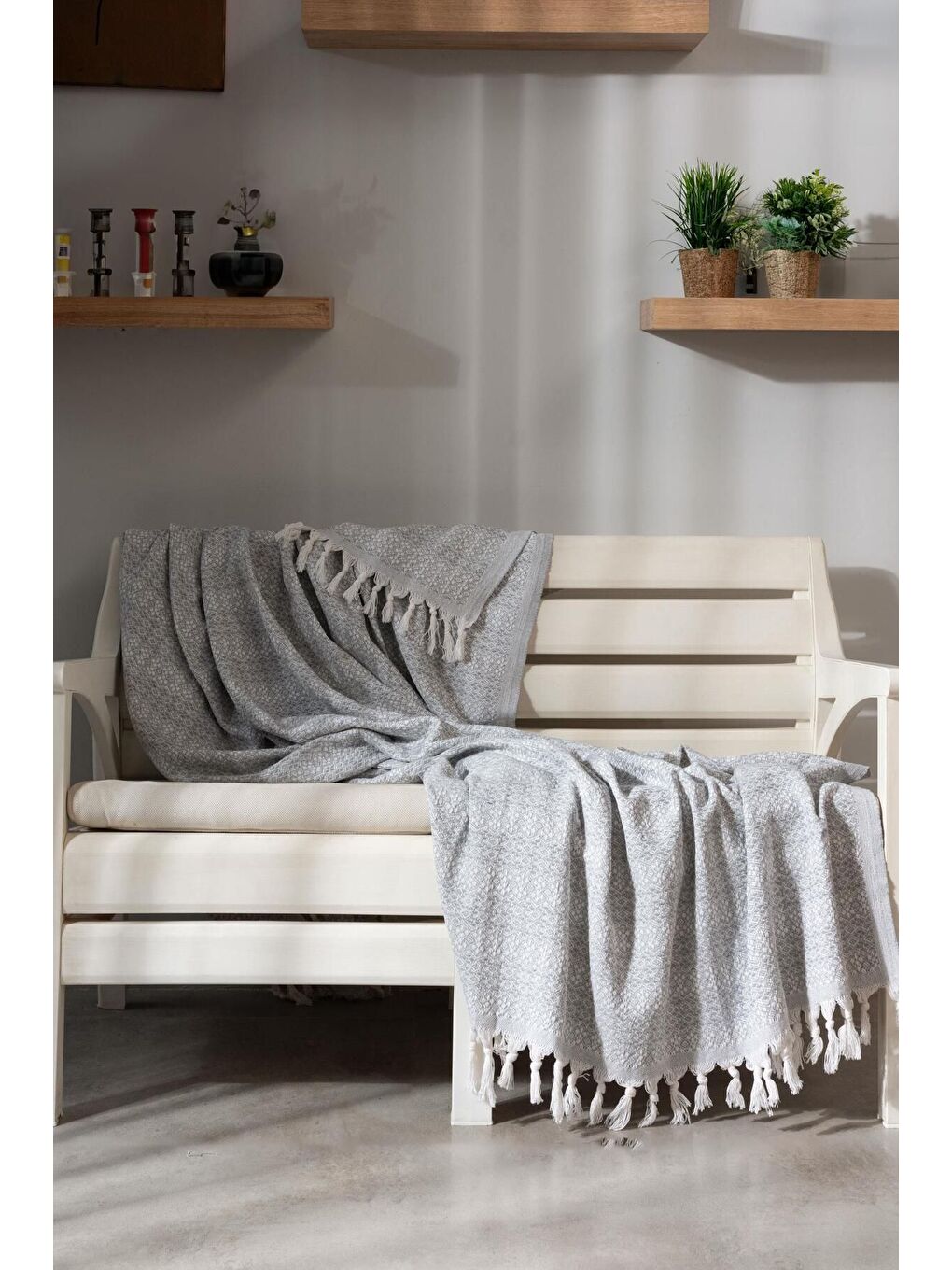 Diamond Serisi Naturel Peştemal Pike Yatak Örtüsü %100 Pamuk Açık Gri-1