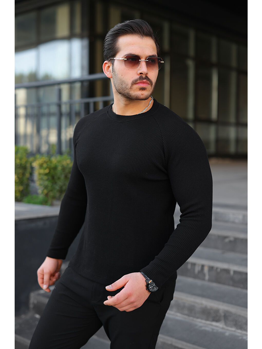 Erkek Trend Basic Slim Fit Bisiklet Yaka Siyah Kazak-3