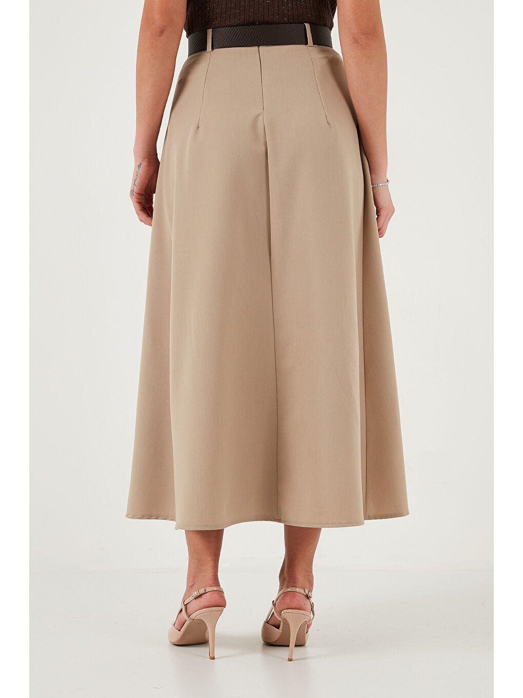 Kahverengi Modest Kemerli Comfort Fit Yüksek Bel Pileli Kloş Uzun Tesettür Etek 6833360-6