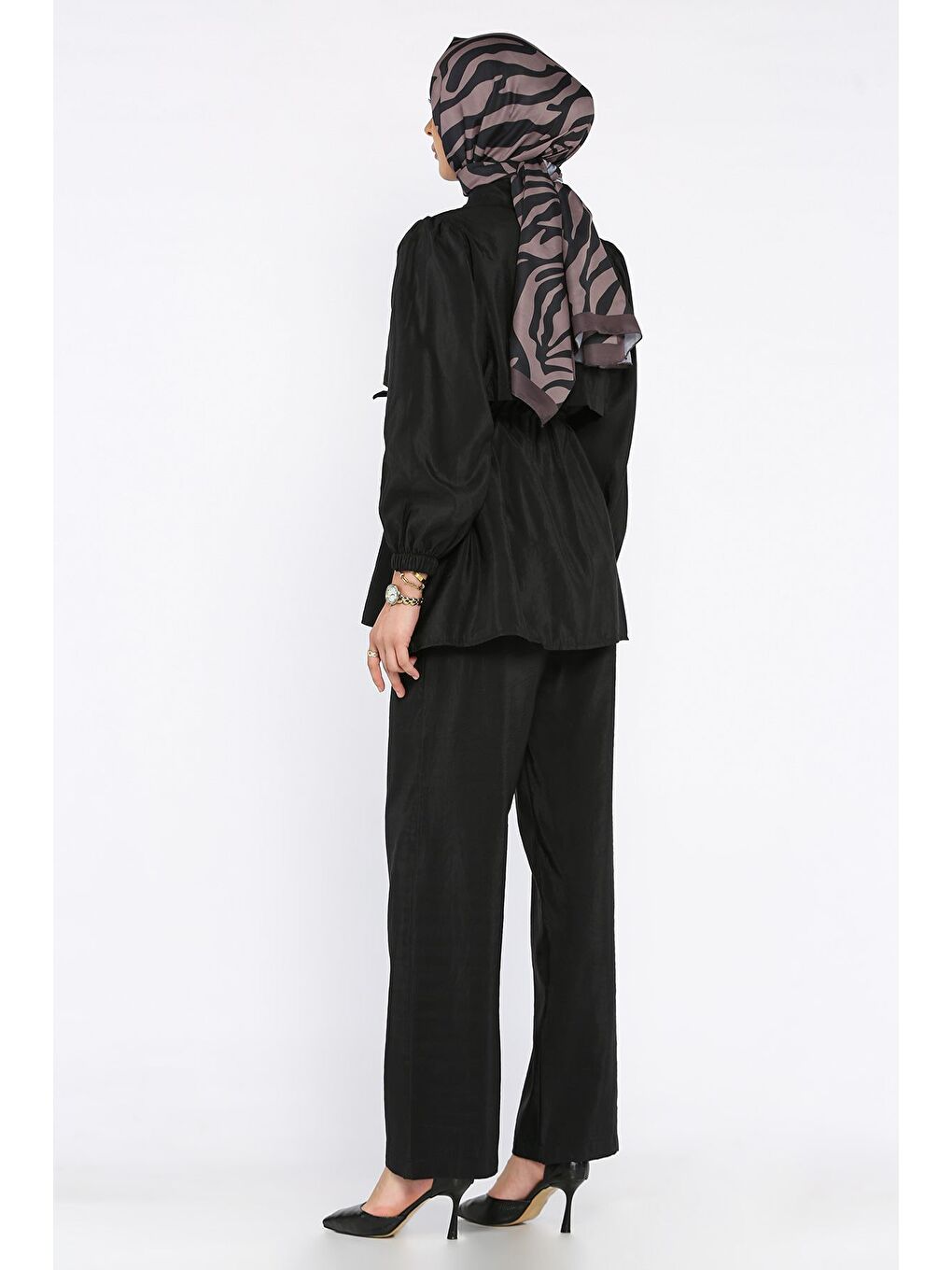 Siyah Kadın Gold Düğmeli Bel Bağlama Detaylı Tunik Pantolon Tesettür İkili Takım (s-m-l Beden Uyumludur.)-5