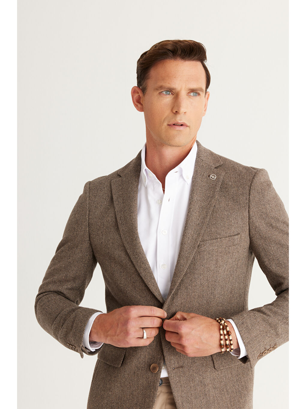 Erkek Kahverengi Slim Fit Dar Kesim Mono Yaka Desenli Yünlü Ceket-2