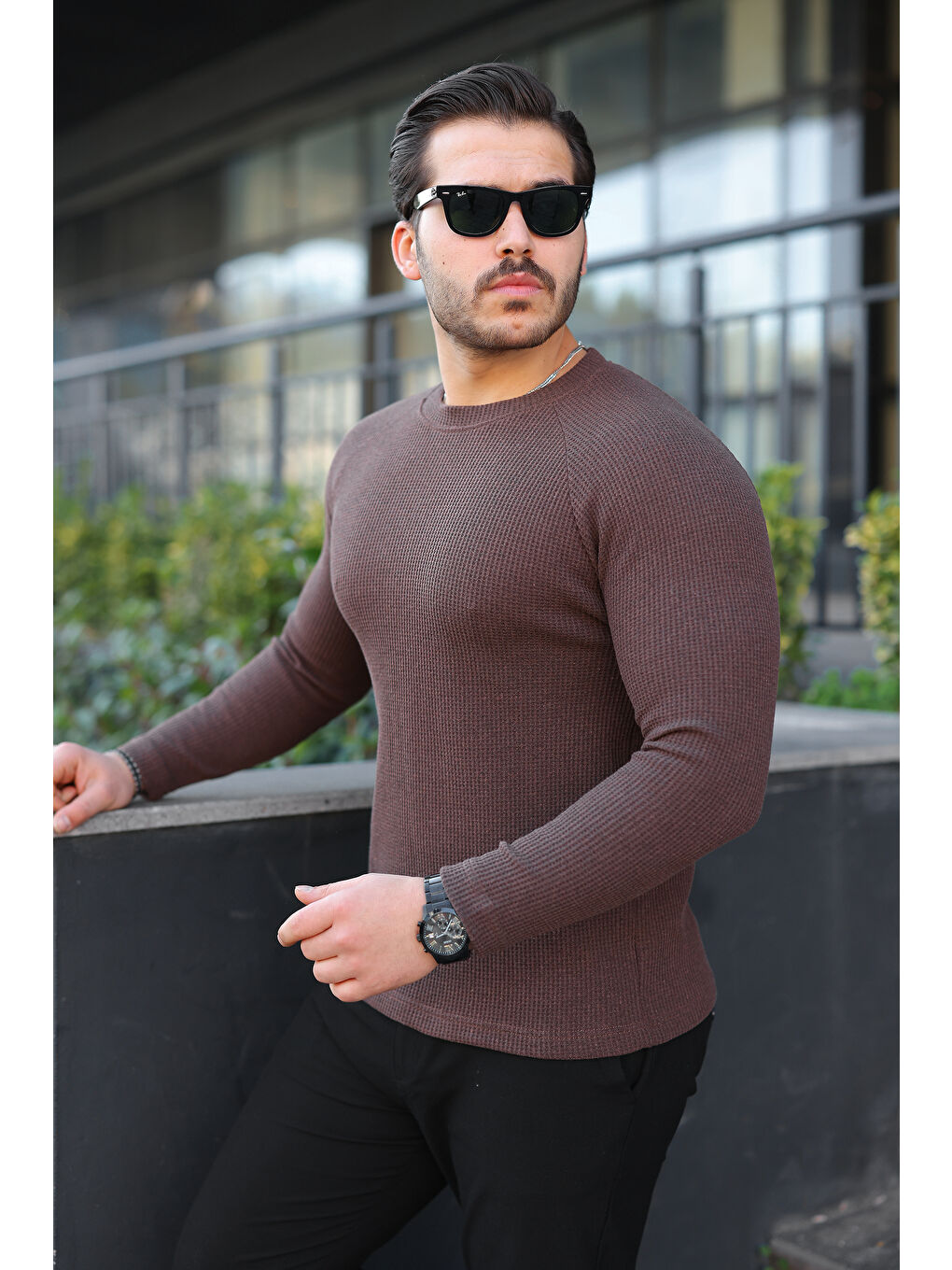 Kahverengi Erkek Trend Basic Slim Fit Bisiklet Yaka Kahve Kazak-4