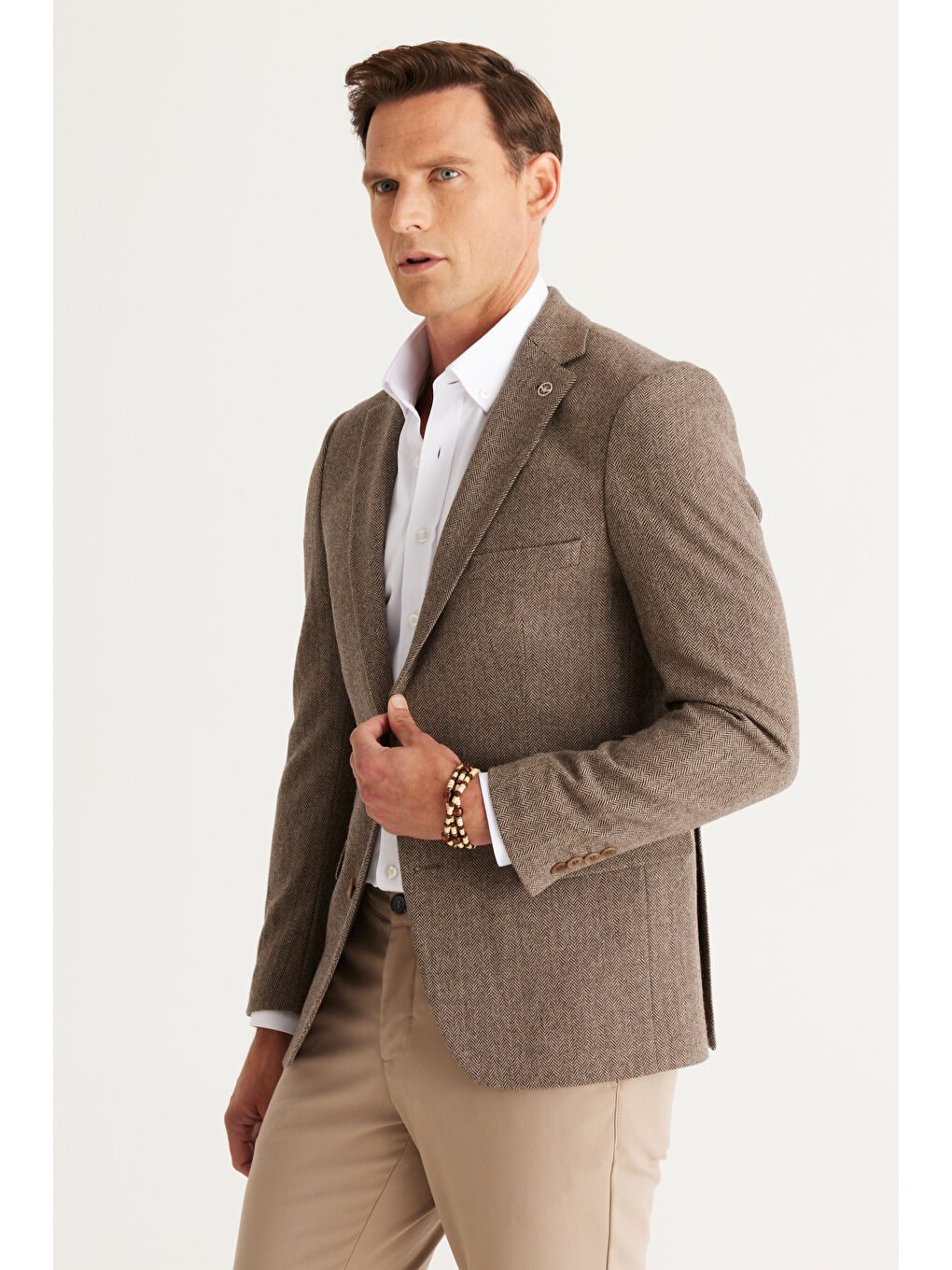 Erkek Kahverengi Slim Fit Dar Kesim Mono Yaka Desenli Yünlü Ceket-3