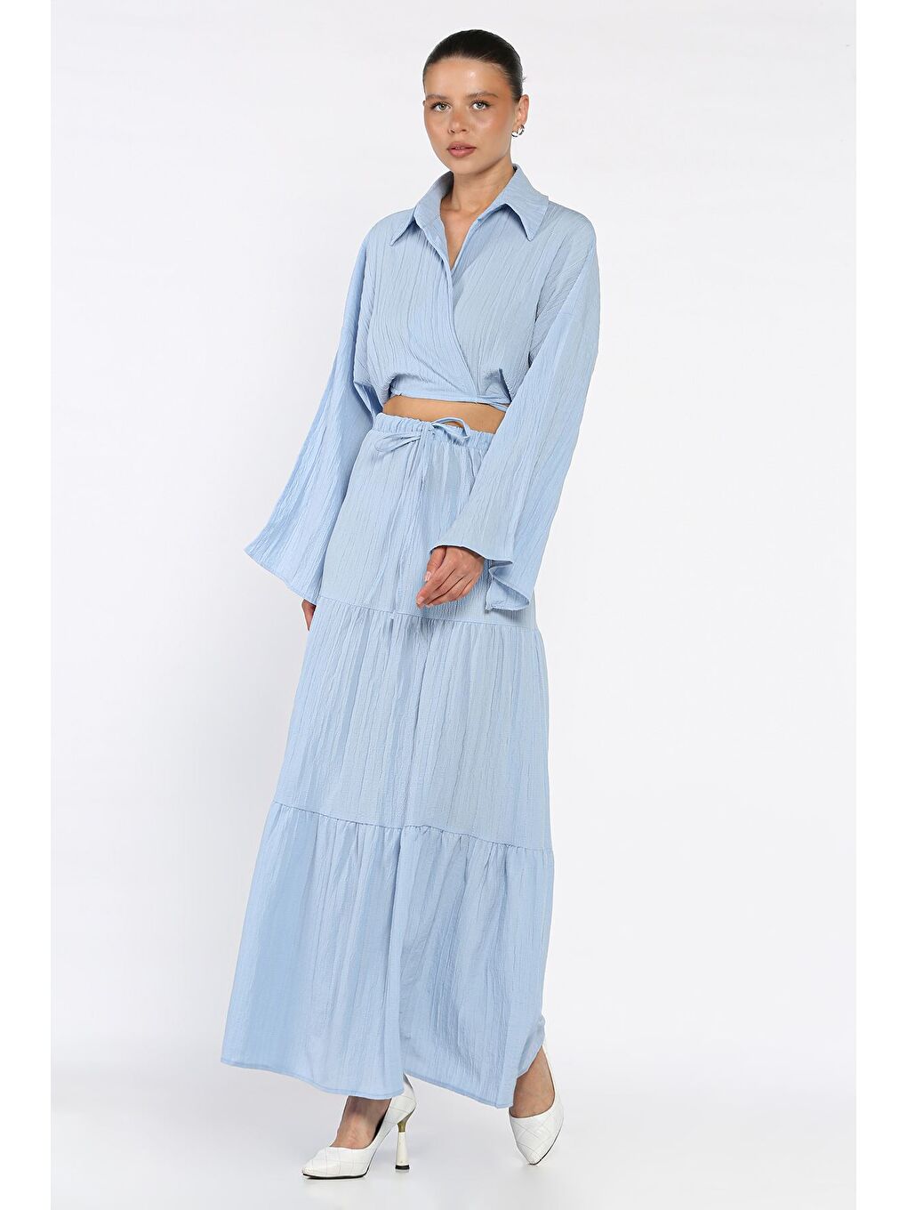 Mavi Kadın Bağlamalı Bluz Etek İkili Takım (astarlı Kullanım Önerilir)-1