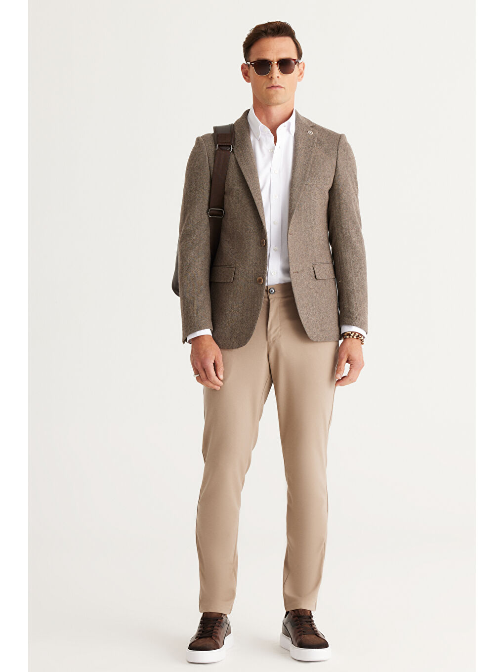 Erkek Kahverengi Slim Fit Dar Kesim Mono Yaka Desenli Yünlü Ceket-4