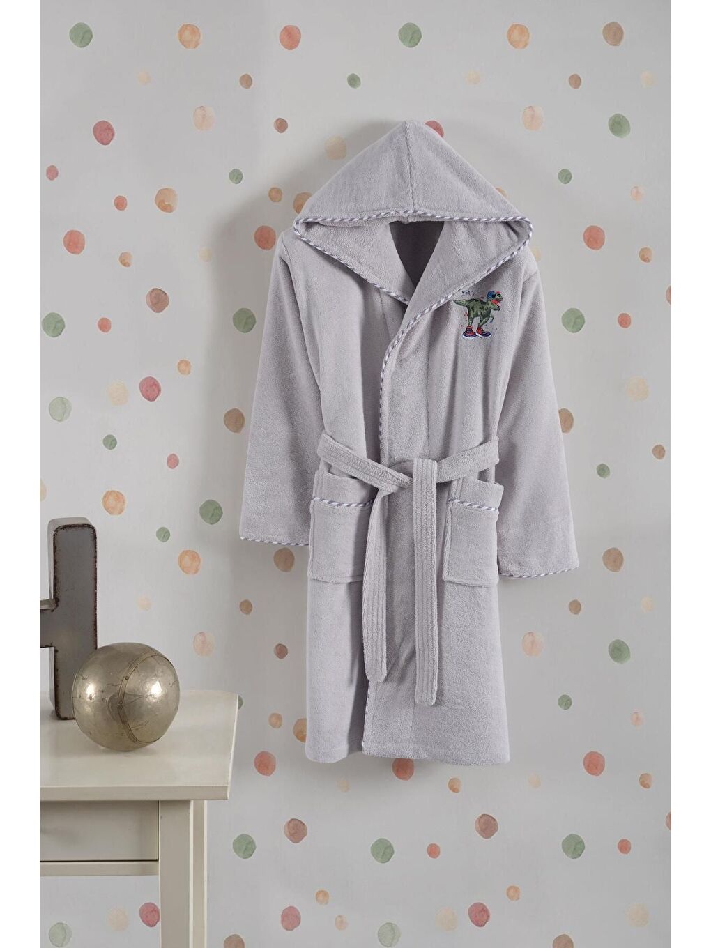 Bambu Nakışlı Garson Boy Bornoz - Dino Gri 11-12 Yaş