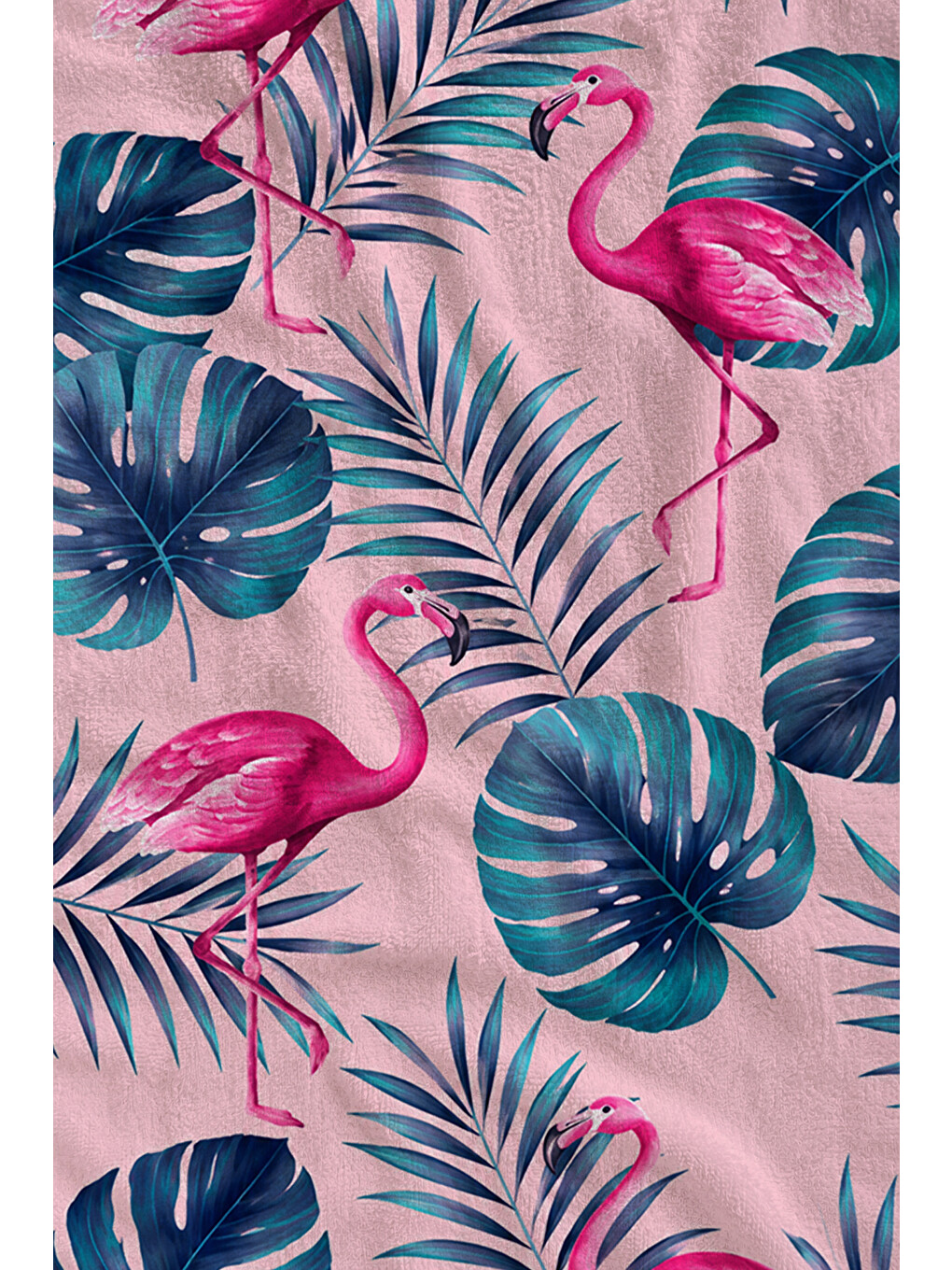 Tropikal Pembe Flamingo Pastel Yapraklı Desenli 70x150 Plaj Havlusu - Pamuklu Banyo Havlusu-1