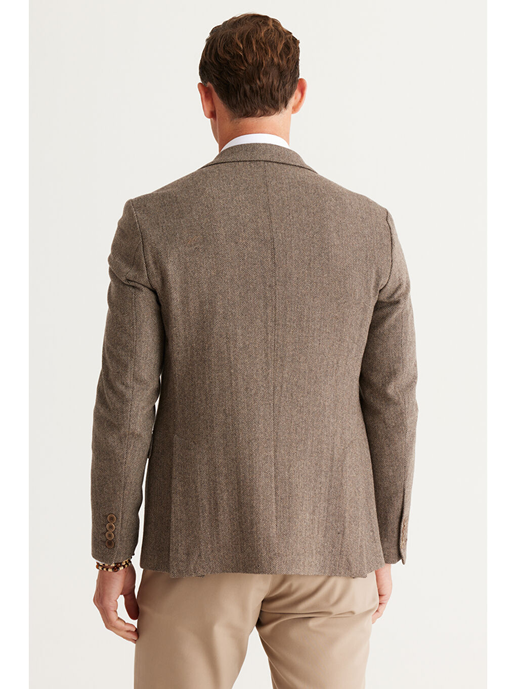 Erkek Kahverengi Slim Fit Dar Kesim Mono Yaka Desenli Yünlü Ceket-5