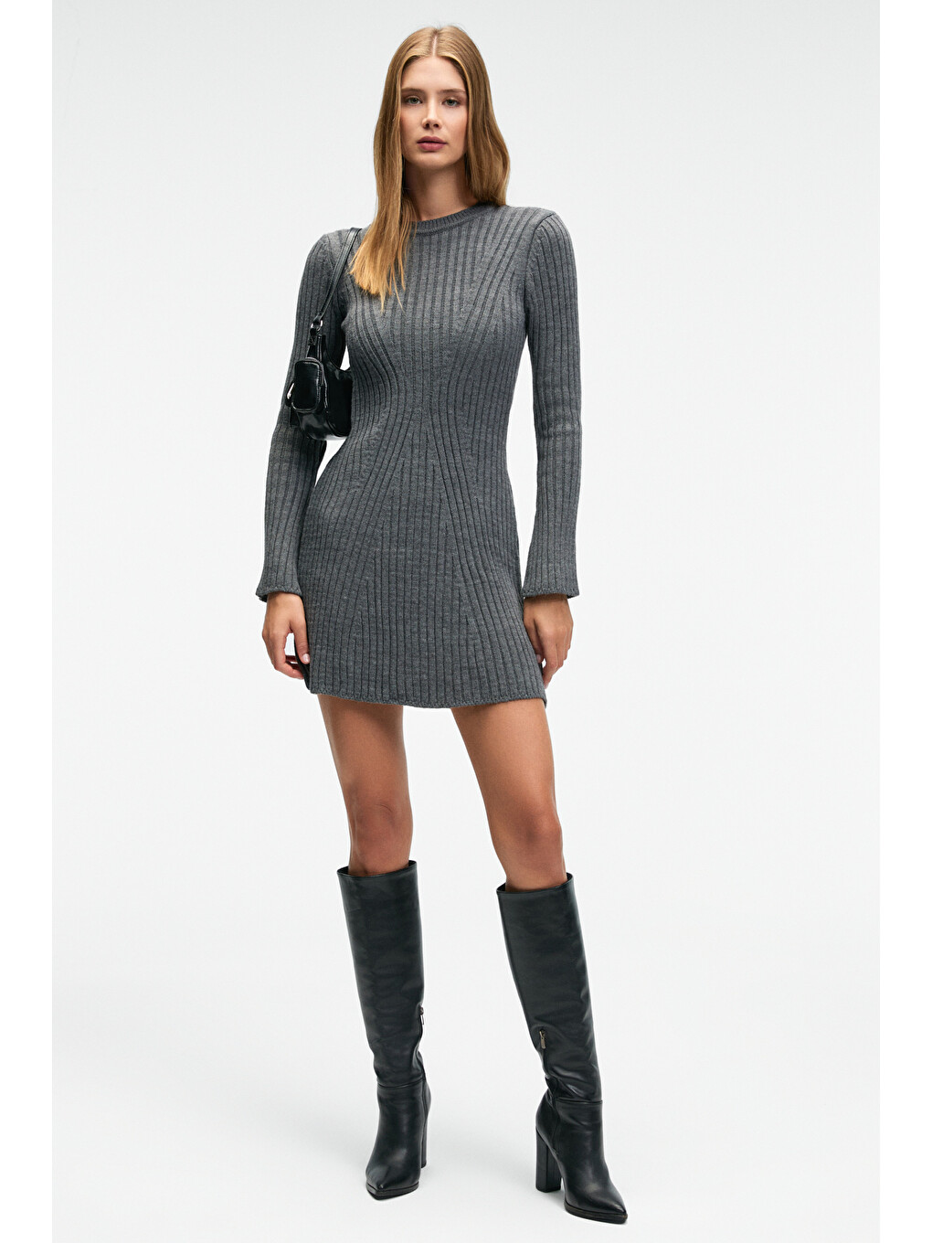 Encanto Kadın Yuvarlak Yaka Çizgi Desenli Slim Fit Antrasit Elbise-4