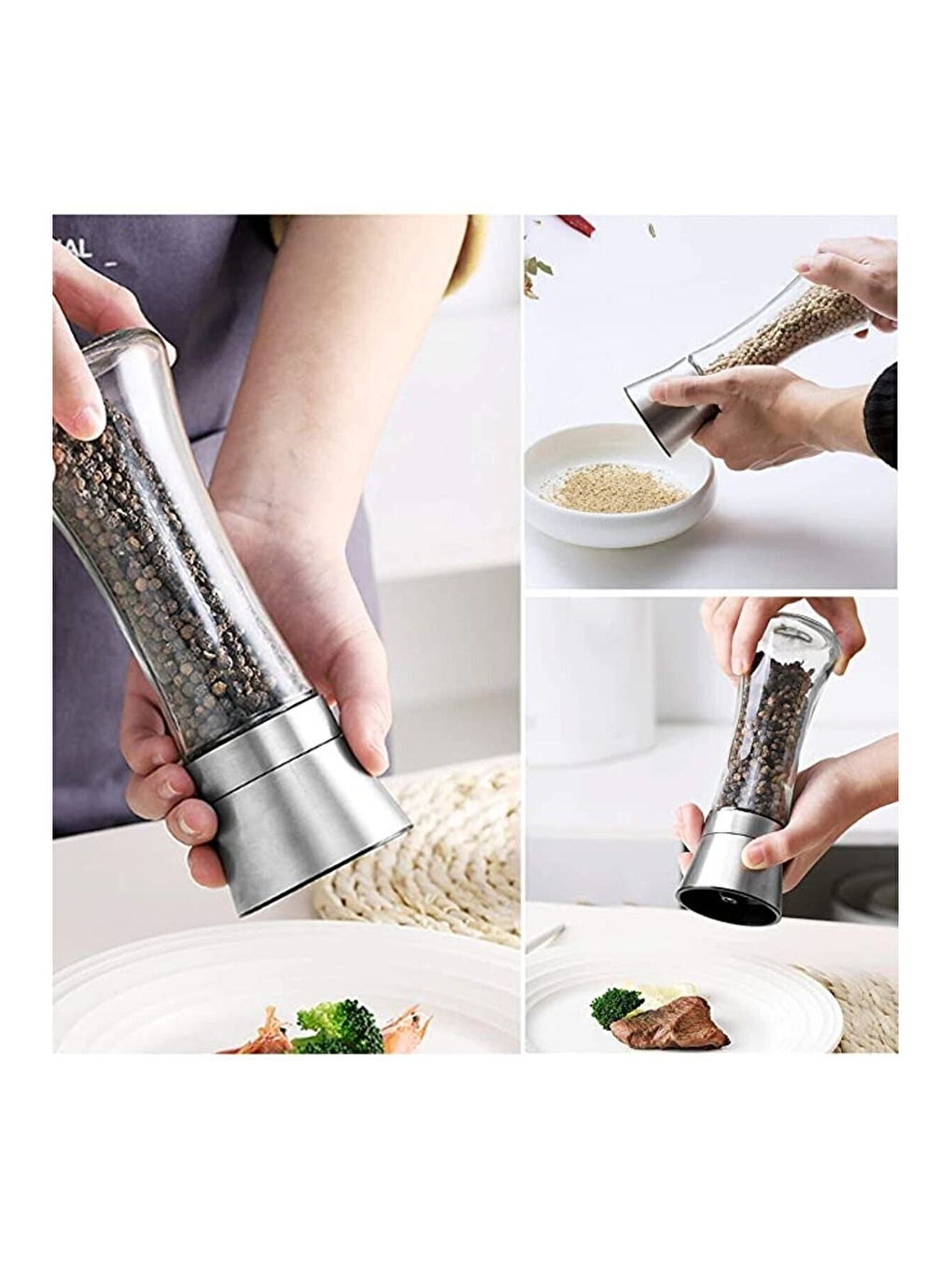 Renksiz Cam Gövdeli Metal Krom Renk Kapaklı Tuz Karabiber Öğütücü 19 cm 2 Adet-3