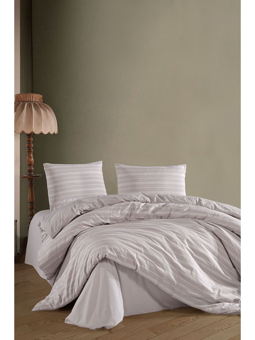 Stripe Saten (King Size) Nevresim Takım Bej