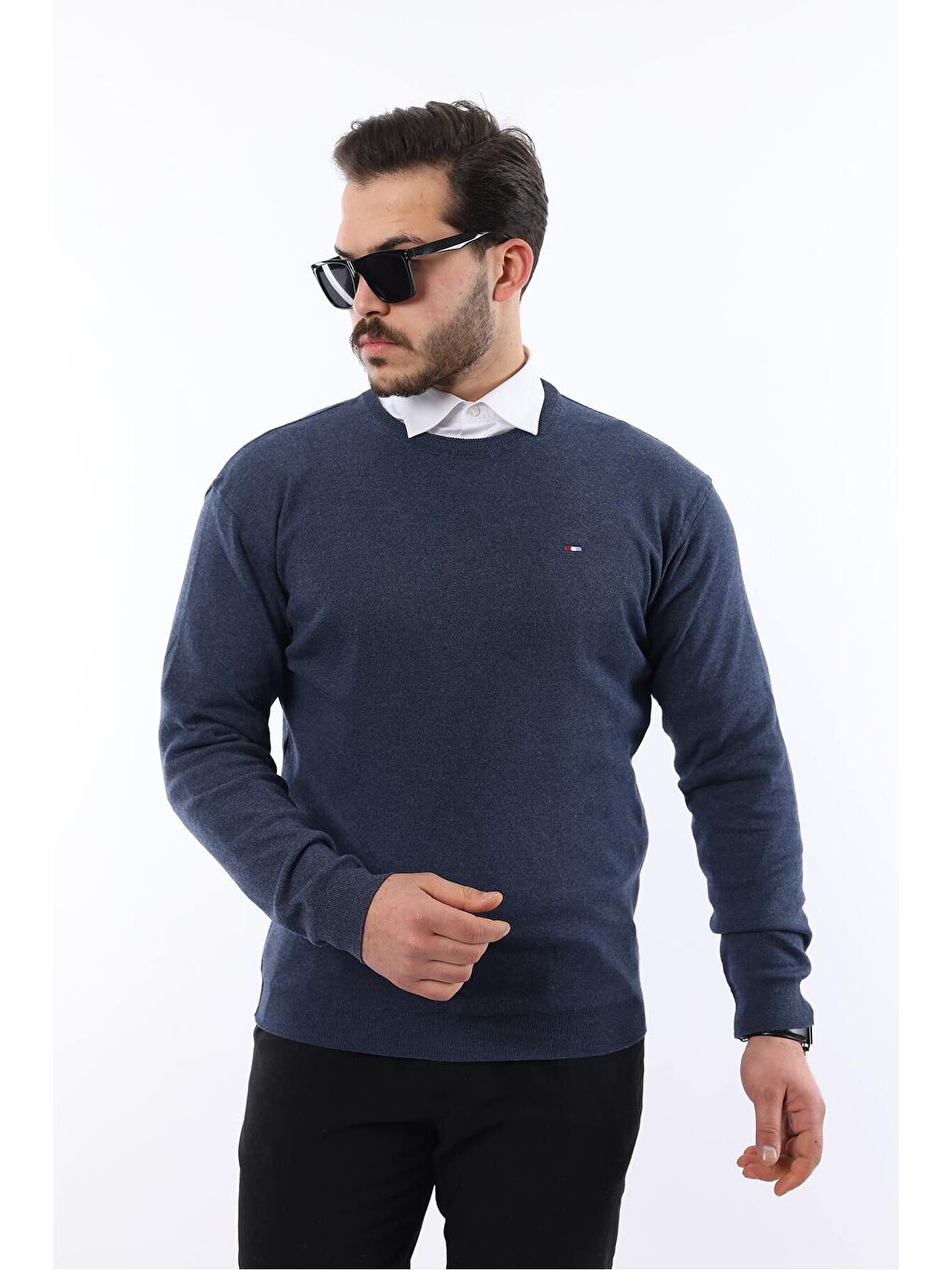 İndigo Sıfır Yaka Triko Kazak-2