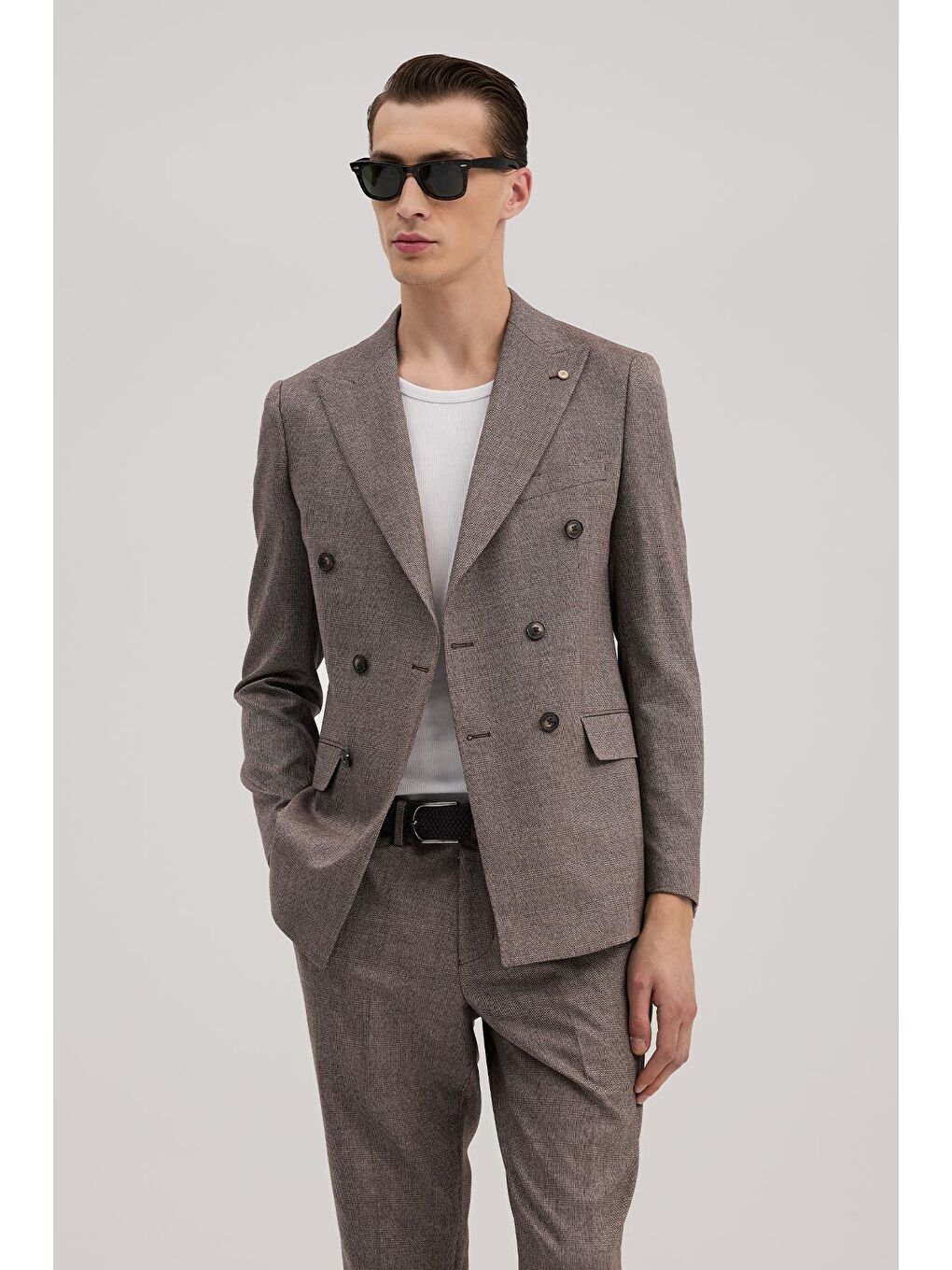 Bordo Slim Fit Ekoseli Kruvaze Takım Elbise-1